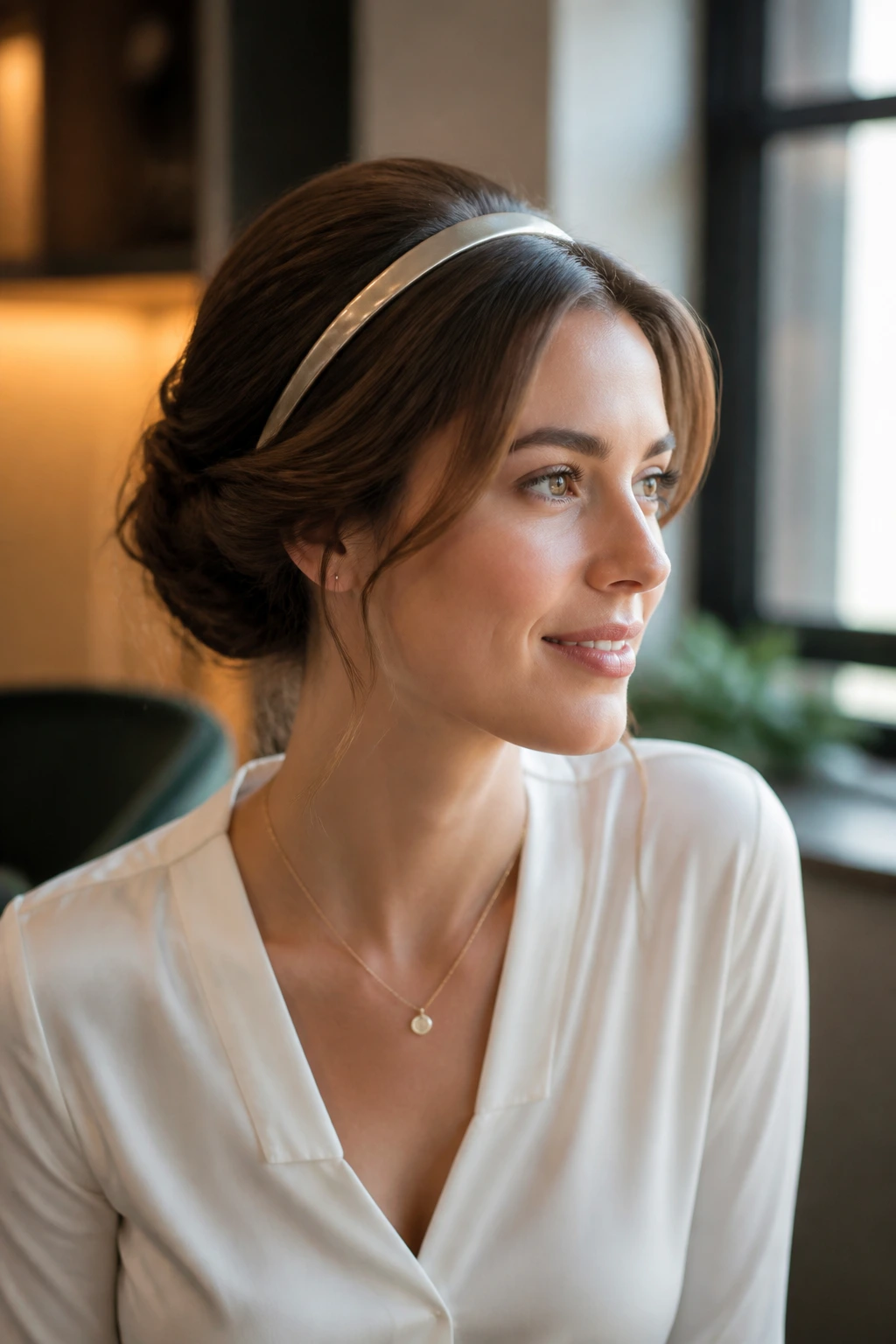 Three-quarter view of a woman with an elegant headband tuck in an office