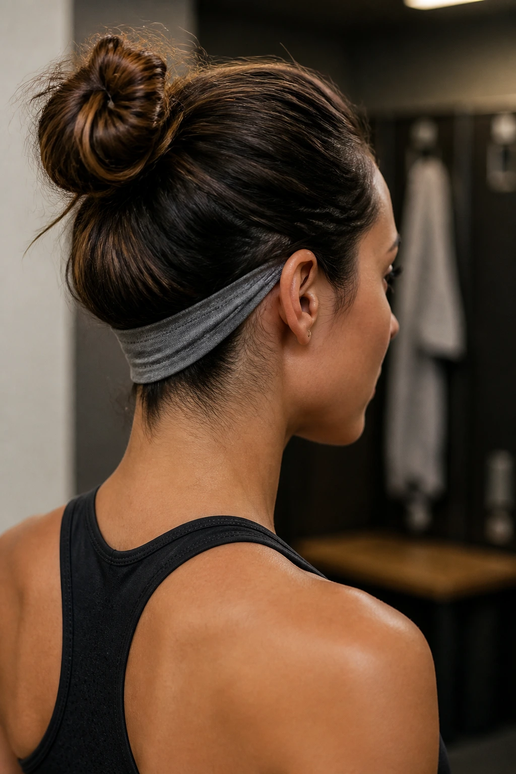 Back view of a real woman wearing a headband under the hair at the nape