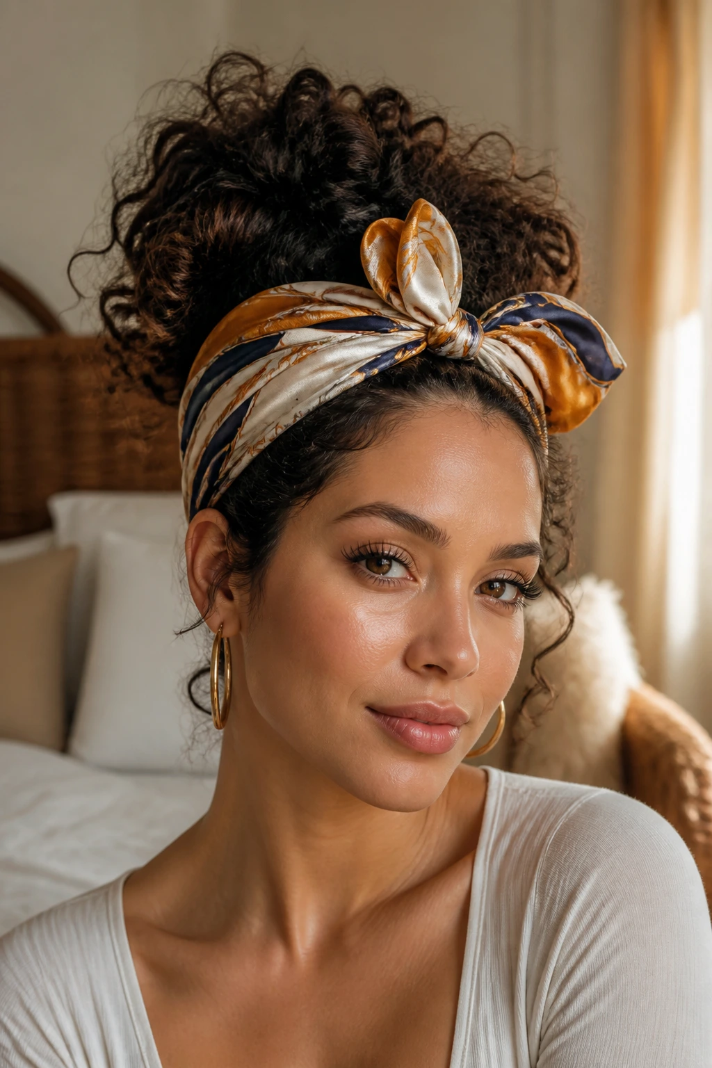 Close-up of a Latina woman with a silk headscarf updo, curls peeking out
