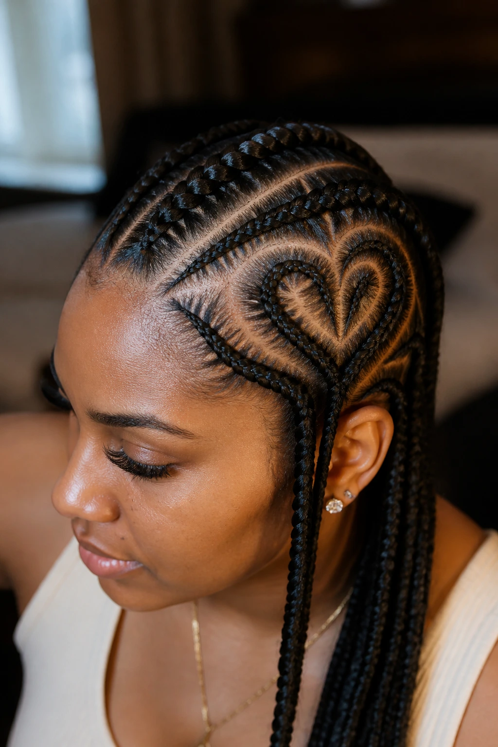 Close-up of a real woman with a heart-shaped braid design on one side of the head