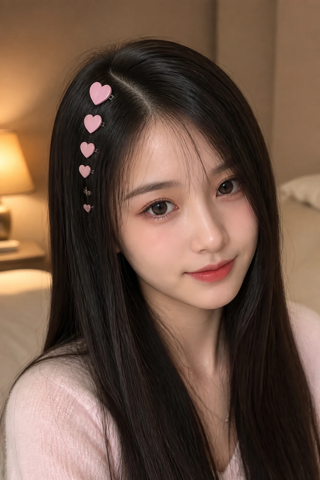 Close-up of a real woman with heart clips along her part.
