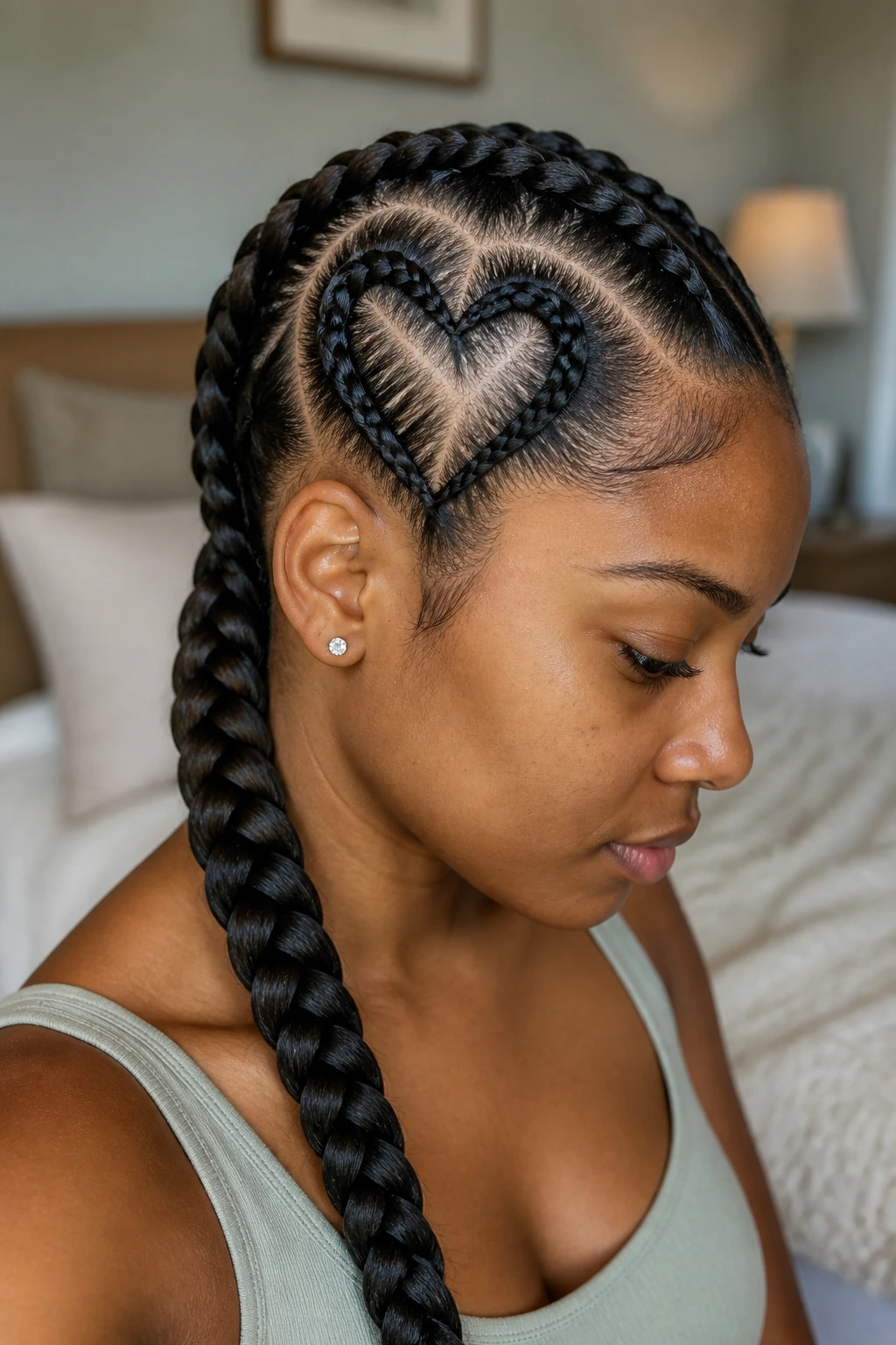 Real woman with heart-pattern braid visible on scalp.