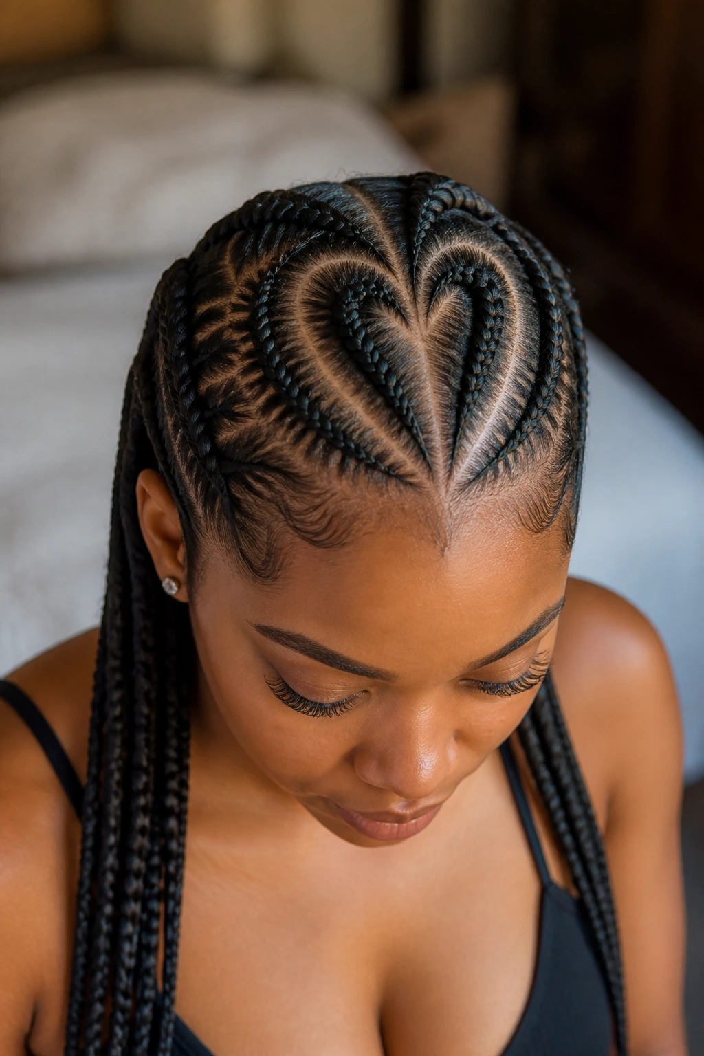 Close-up of a real woman's heart-shaped cornrow patterns on the scalp.