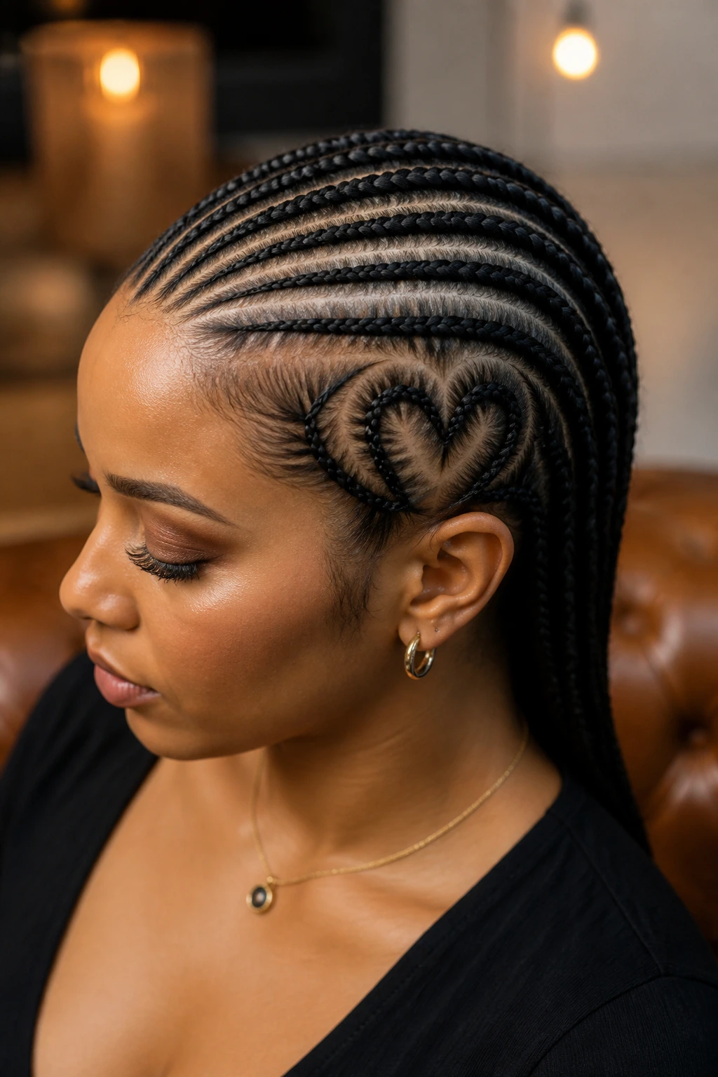 Portrait of a real woman with heart-shaped cornrow parting