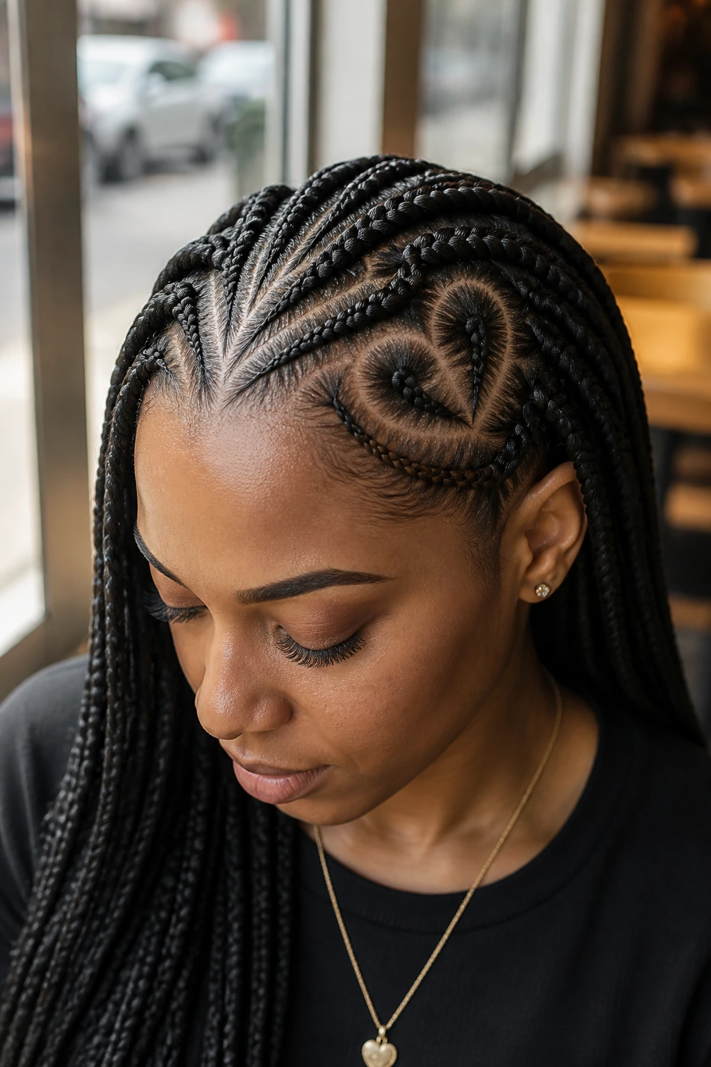 Close-up of a real woman with a heart-shaped part in cornrows at the front