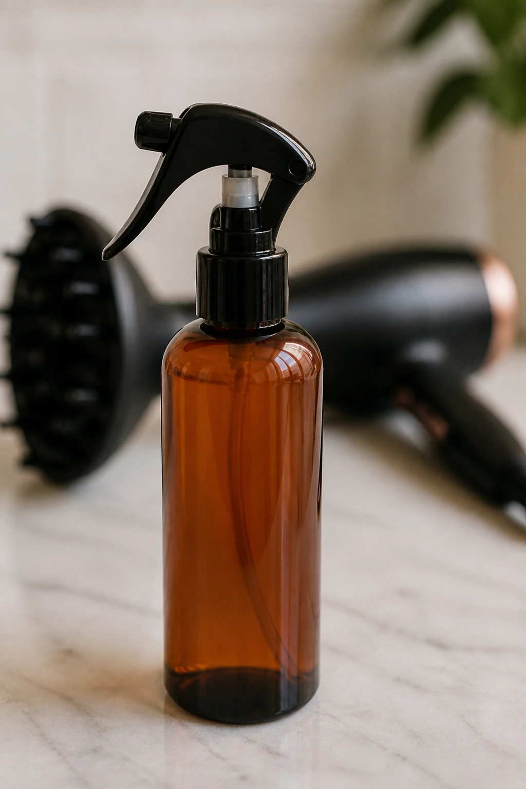 Close-up of an unlabeled heat protectant spray bottle on a bathroom counter with a blurred diffuser in the background