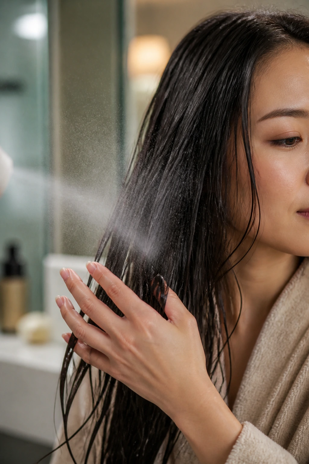 Person applying heat-protectant spray to damp hair in a bathroom.