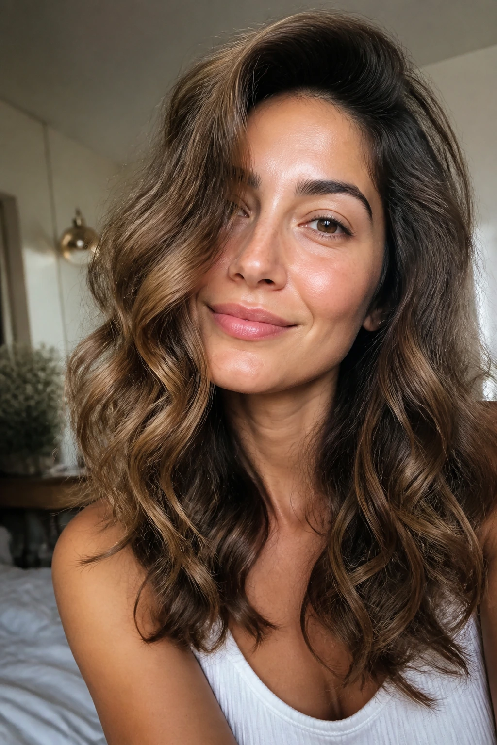 Close-up of a real woman with large heatless waves