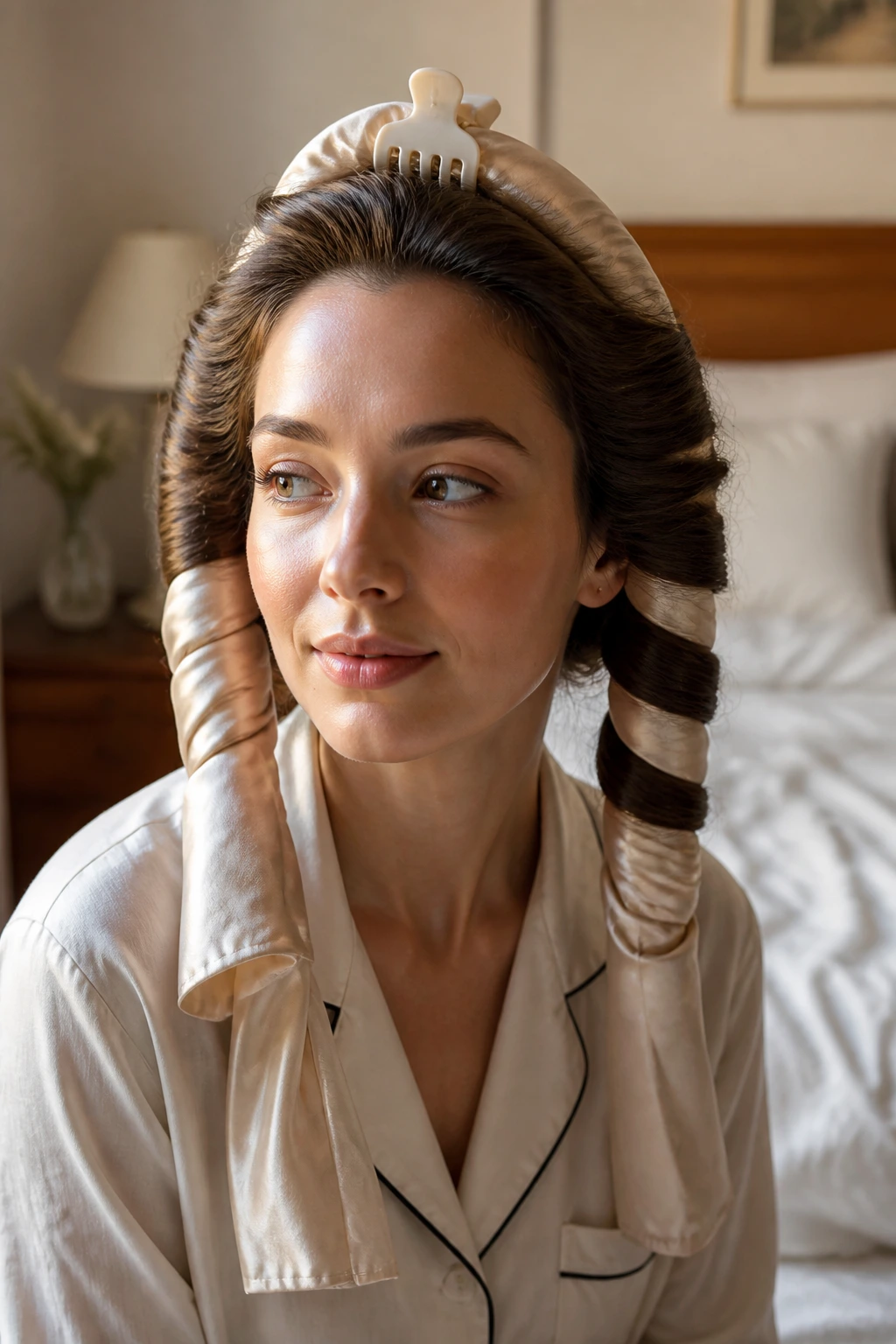 Close-up of a real woman wearing a silk heatless wrap on her head