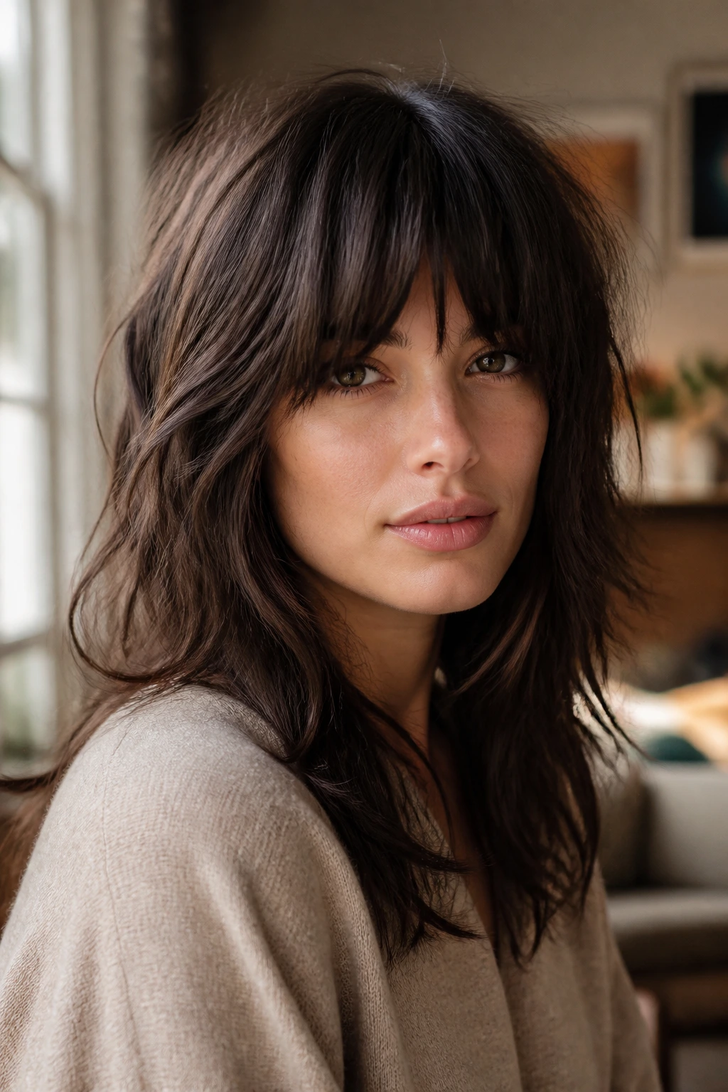 Close-up of a real woman with a heavy-fringe shag and bangs.