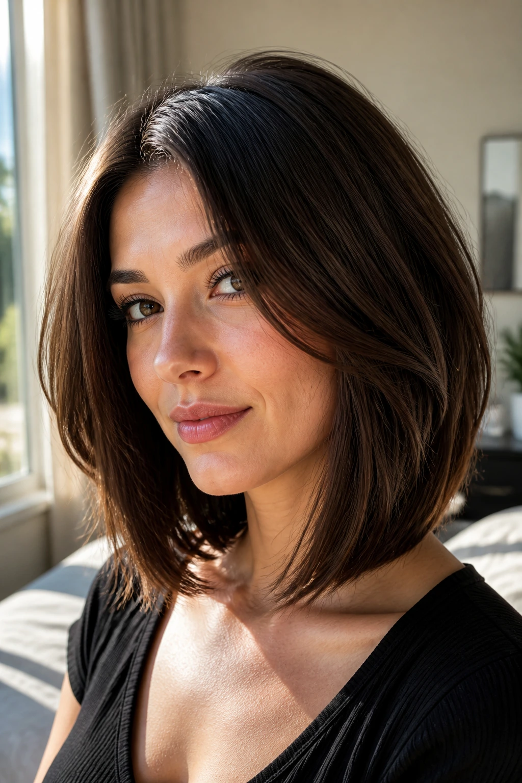 Close-up of a real woman with a heavy-layered long bob showing interior texture layers