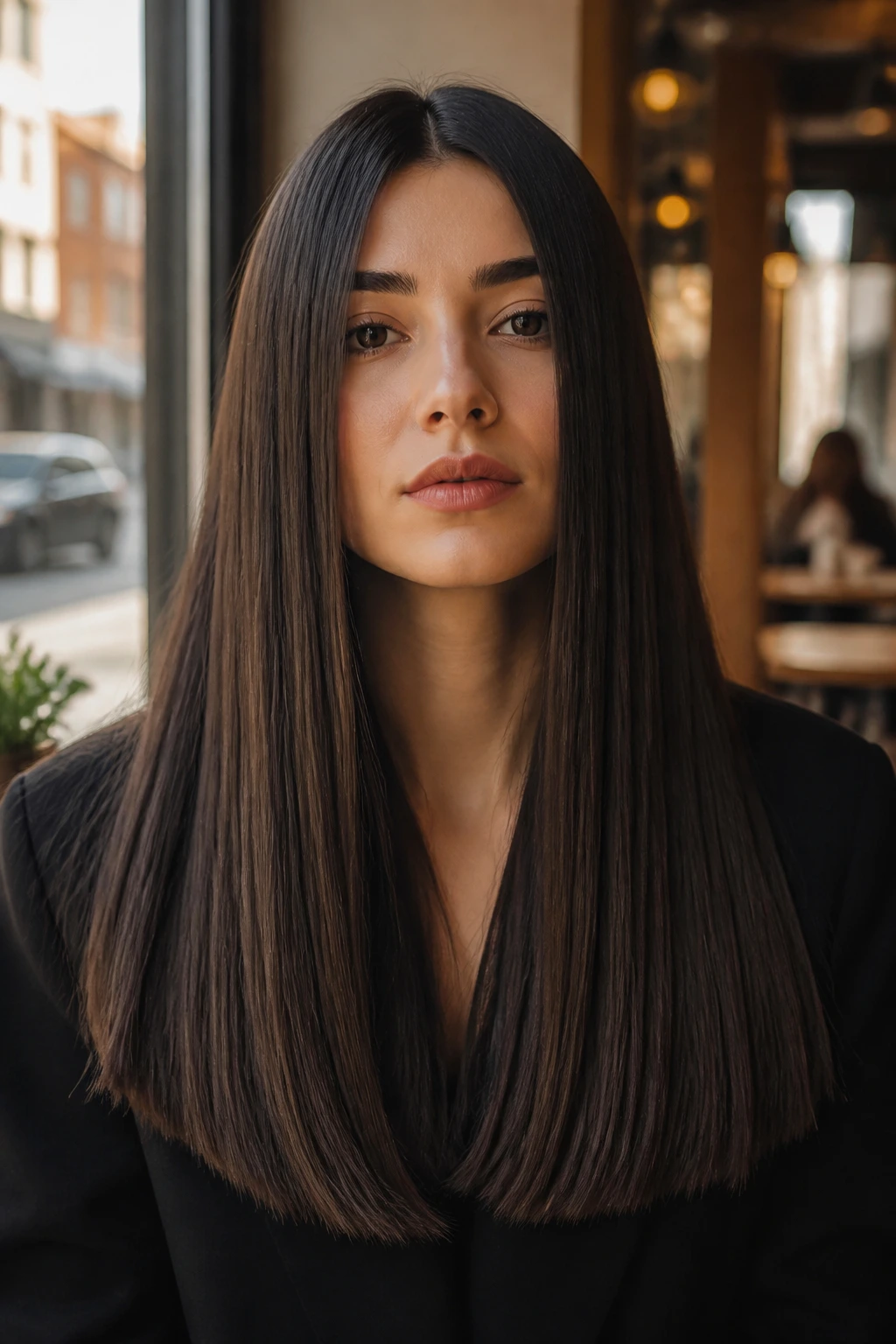 Portrait of person with heavy one-length long bob past shoulders in cafe light