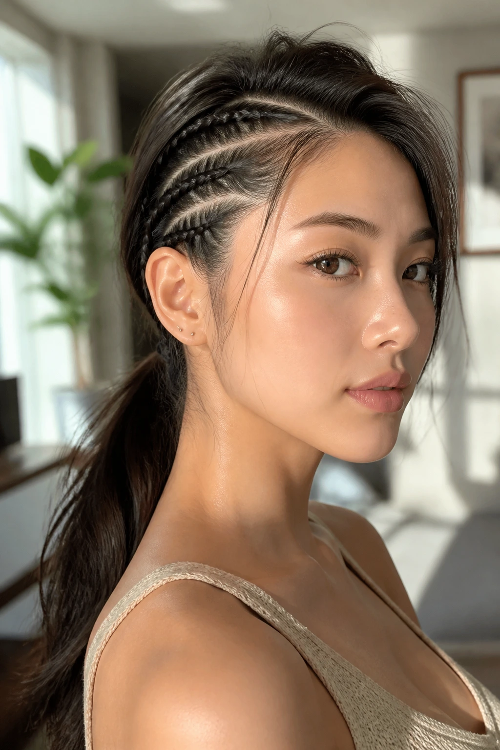 Close-up of hidden-braid ponytail showing side braids framing the face