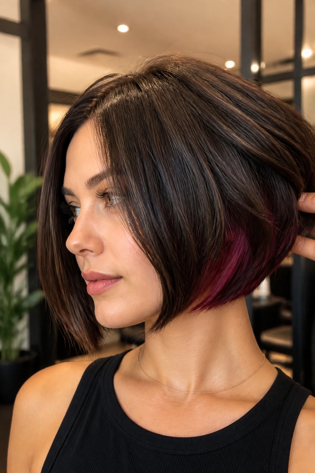 Close-up of A-line bob with hidden color under layers at the back
