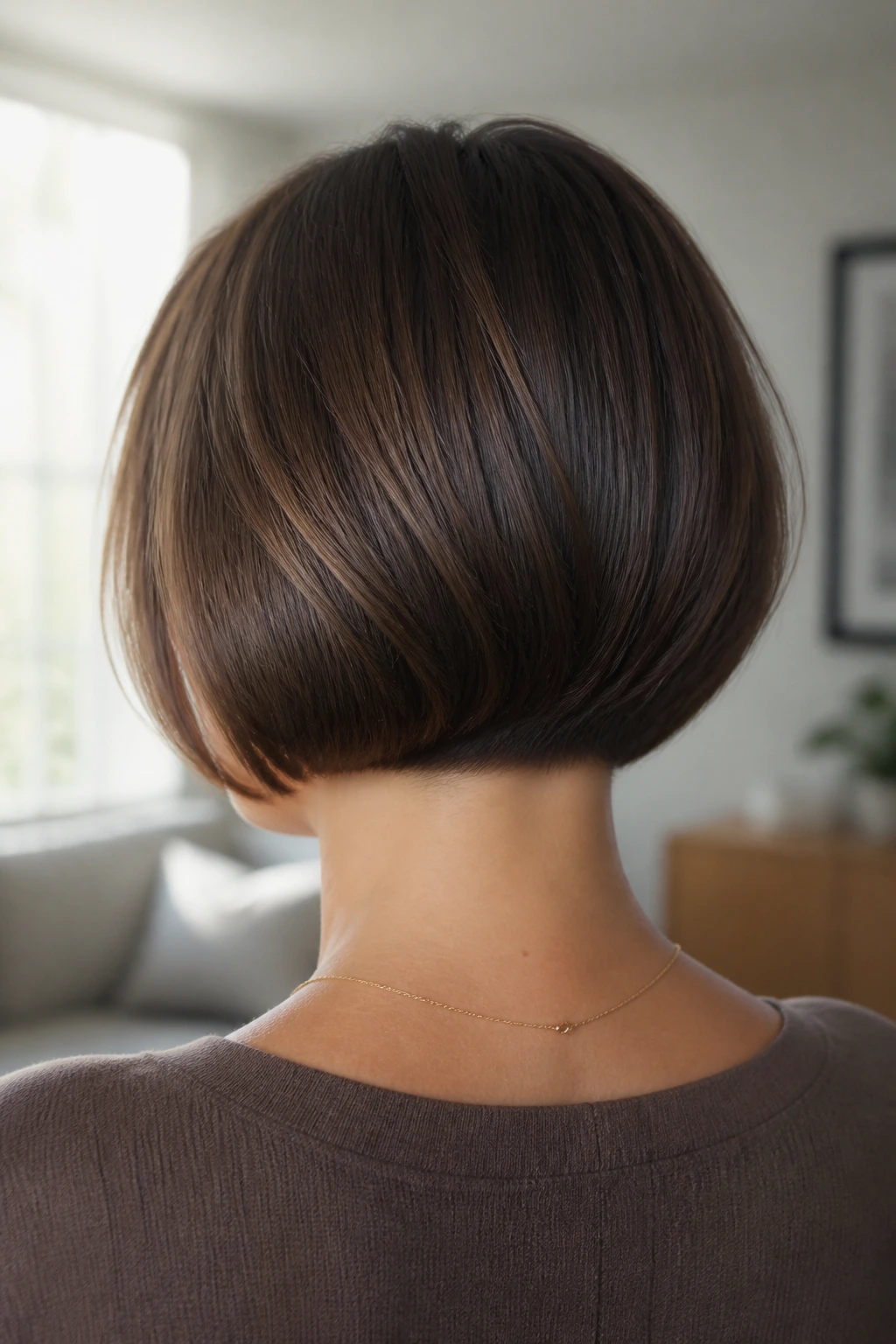 Back view of a real woman with hidden layer nape hairstyle