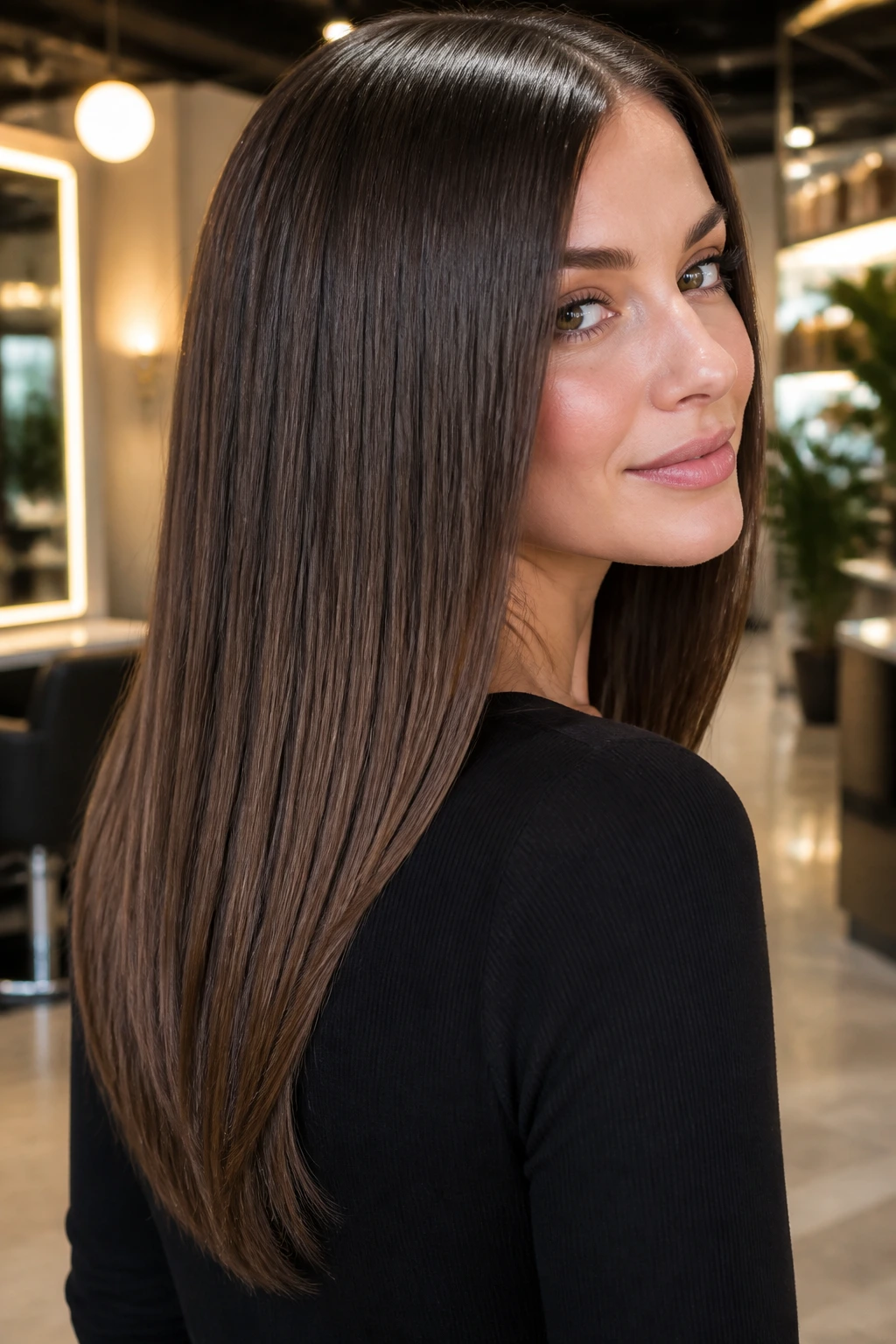 Portrait of a real woman with hidden-layer V-cut hairstyle