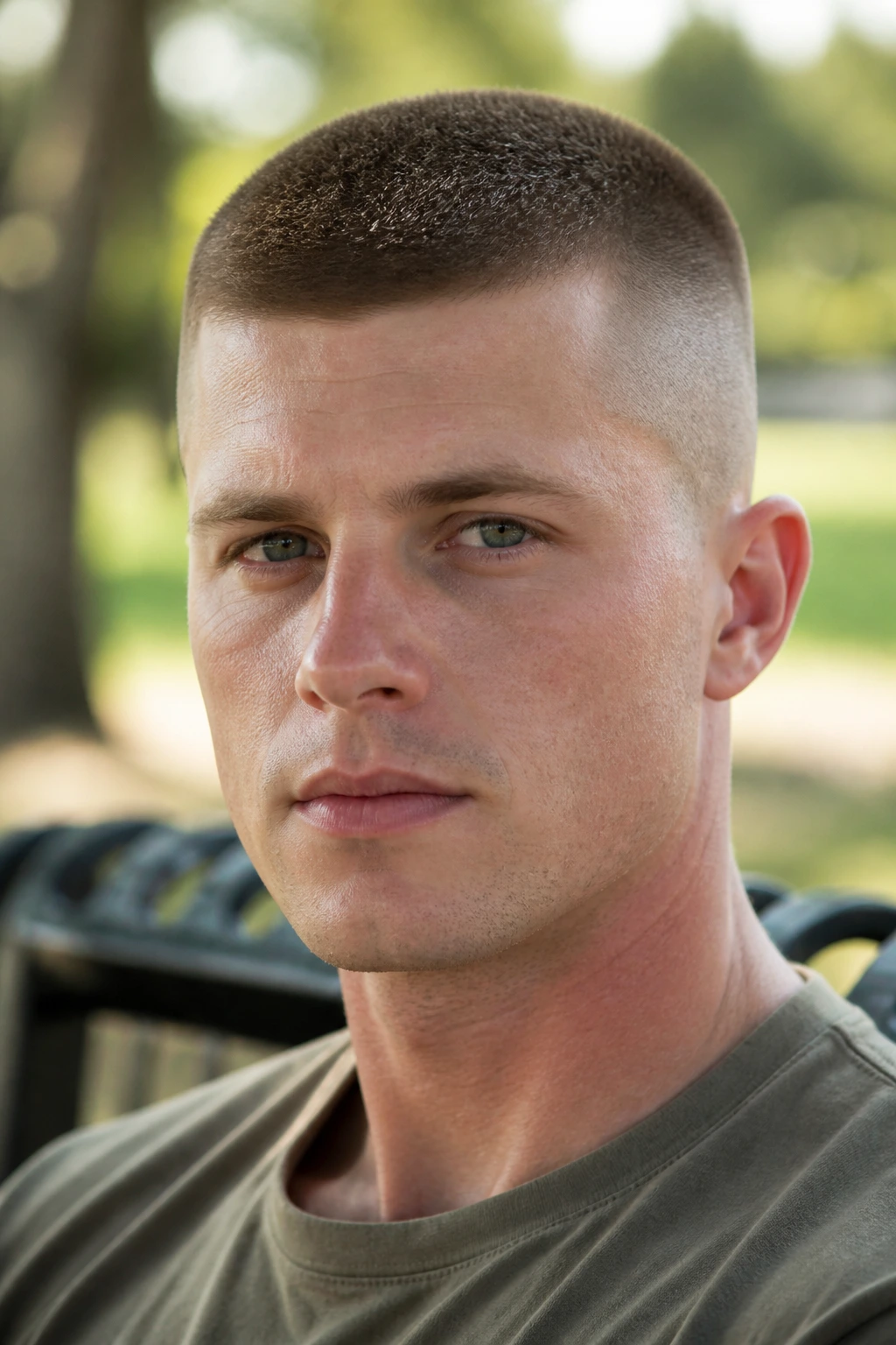 Close-up of a real man with a high and tight haircut in a sunny outdoor setting