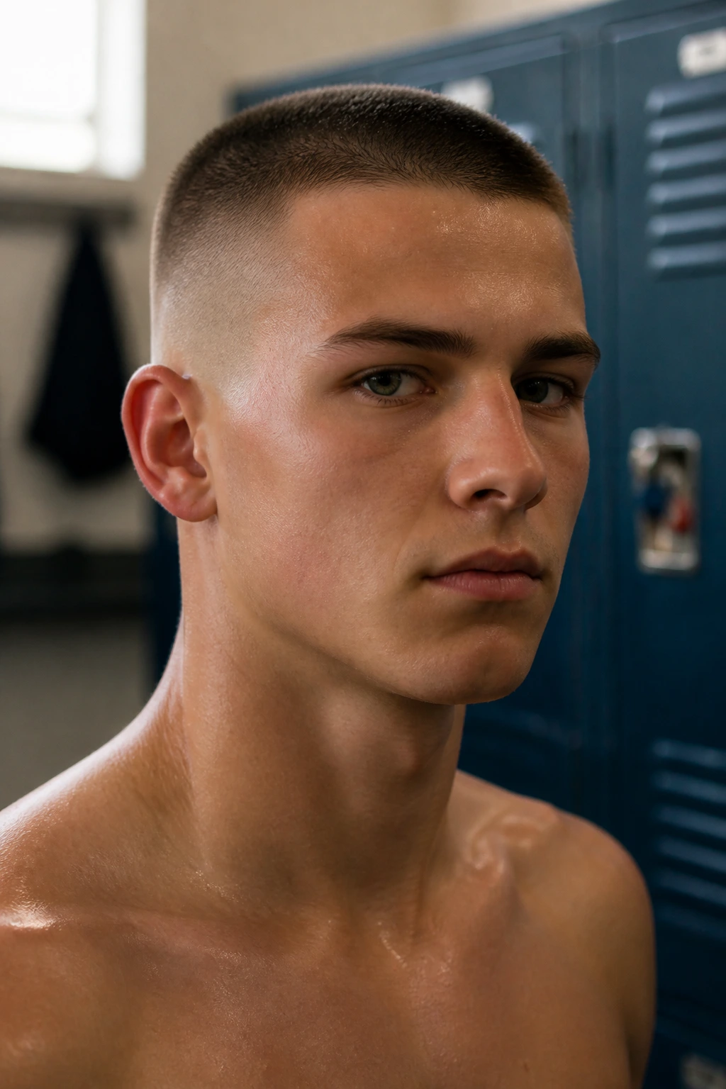 Close-up of a young man with a military high and tight haircut in a gym locker room