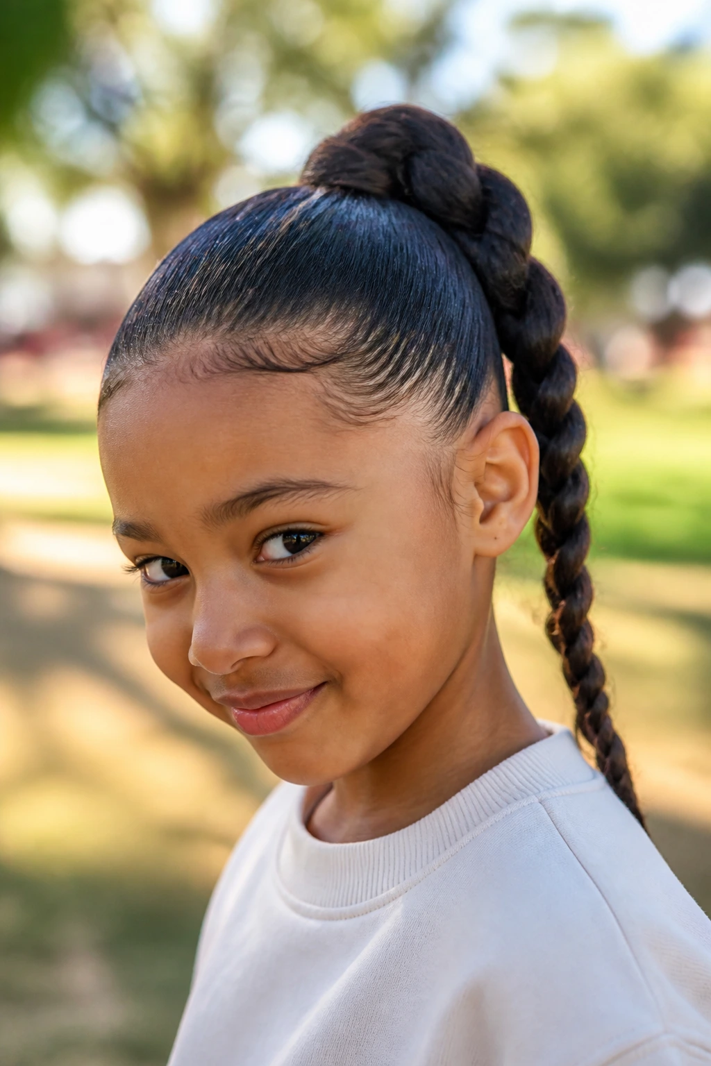 Close-up of a child with a high braided pony in a sunny outdoor setting