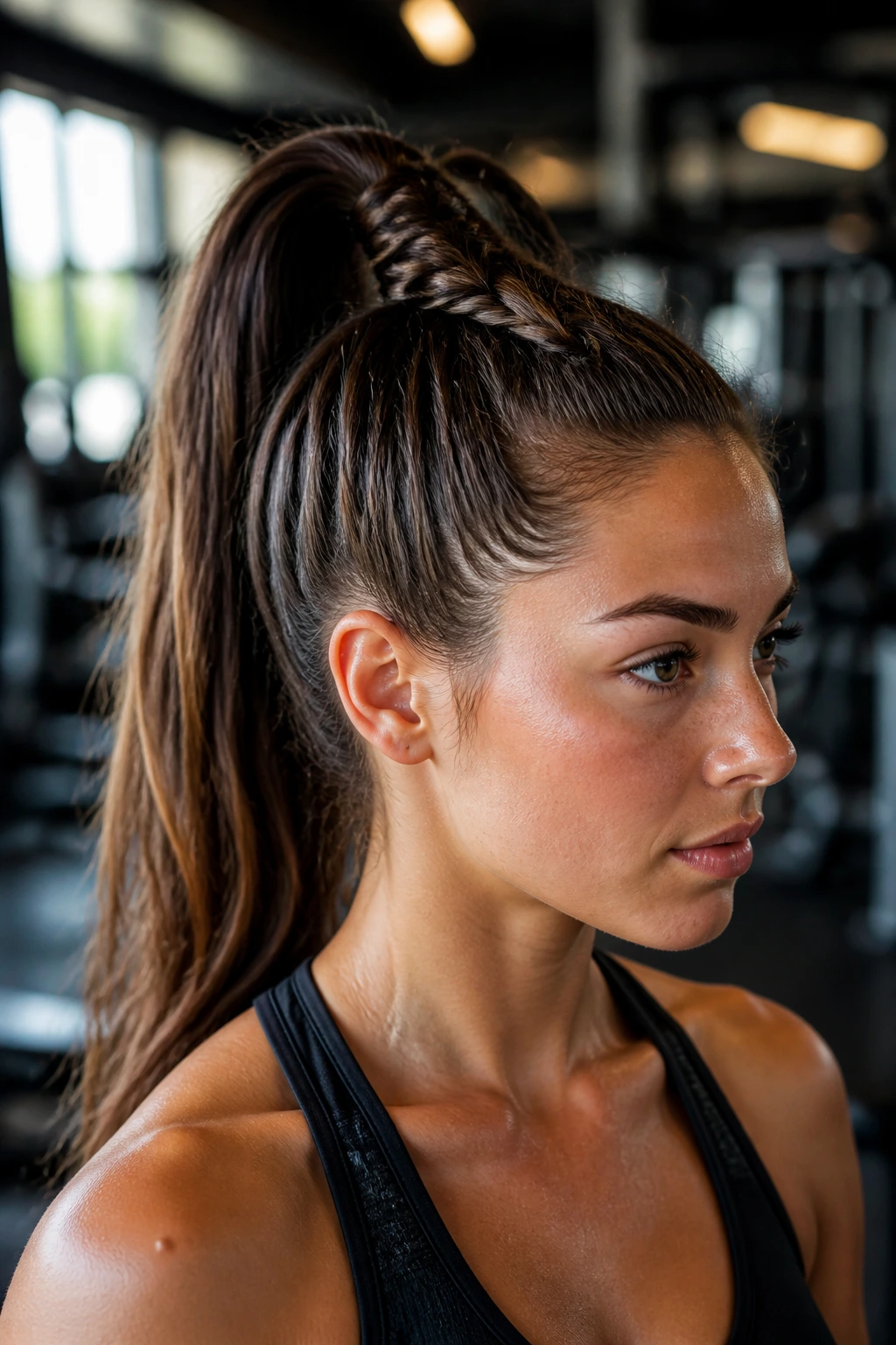Close-up of a real woman with a high braided pony during a workout