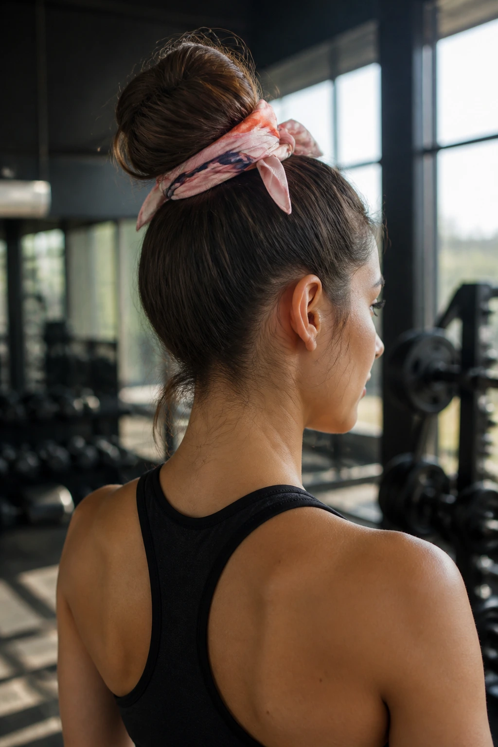 Rear three-quarter view of real woman with high bun and scarf wrap