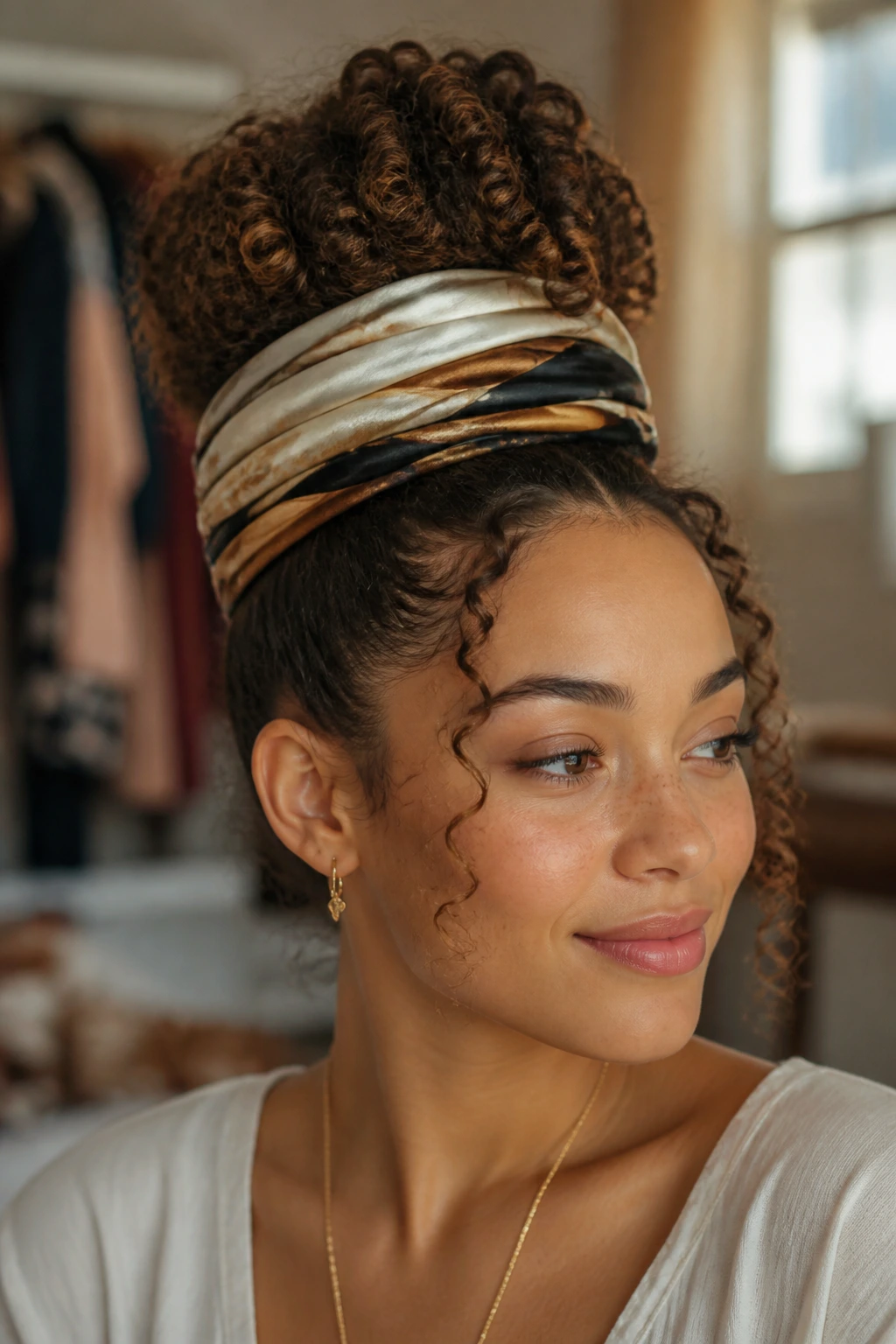 Close-up of a woman with a high bun cushioned by a silk scarf under warm window light