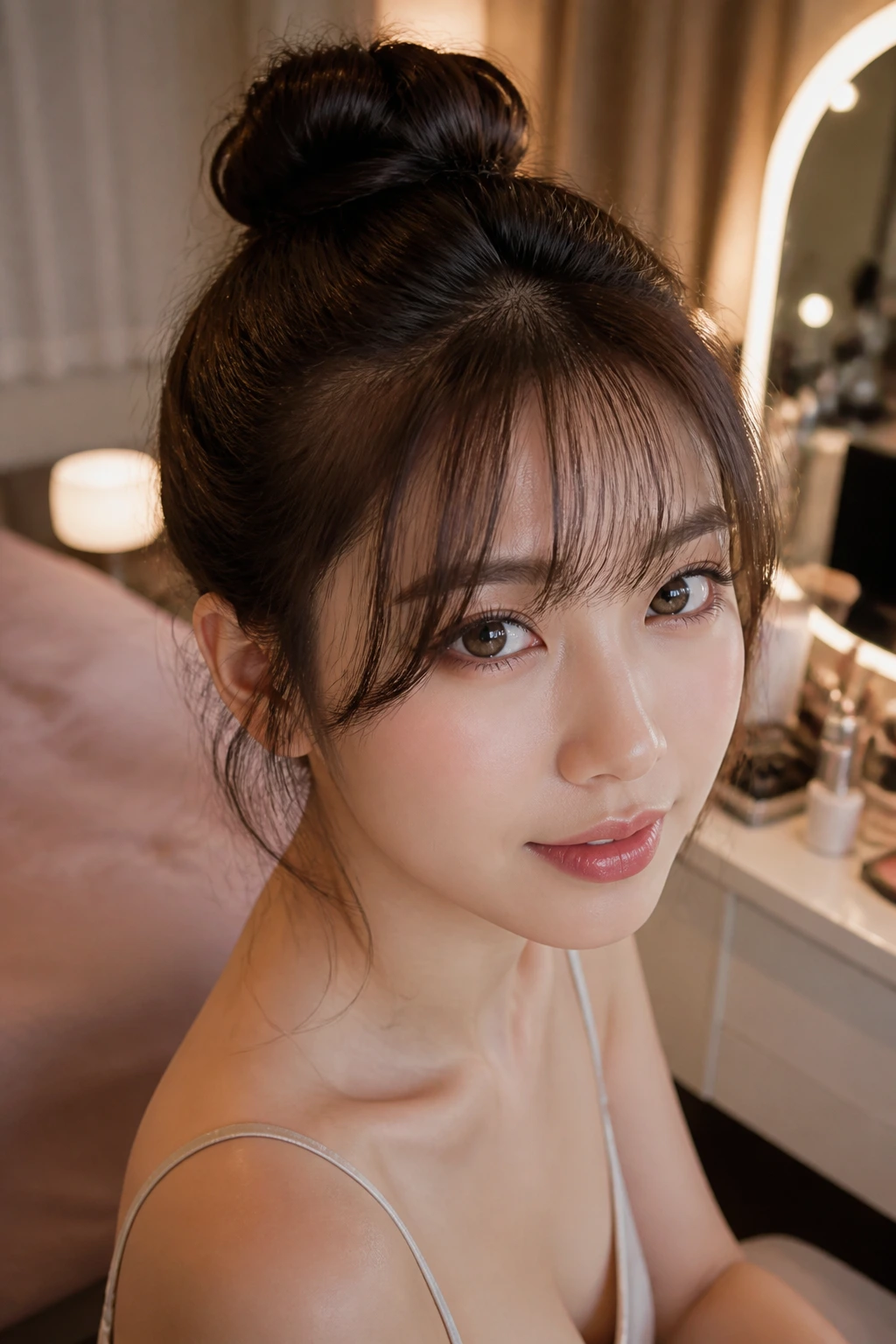 Real woman with a high bun and wispy bangs in a cozy bedroom vanity