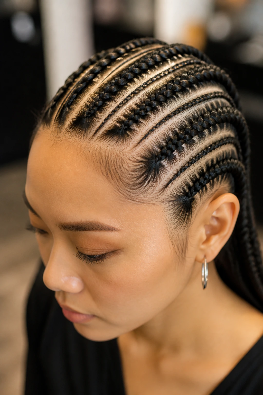 Real person with bold high-contrast cornrow pattern