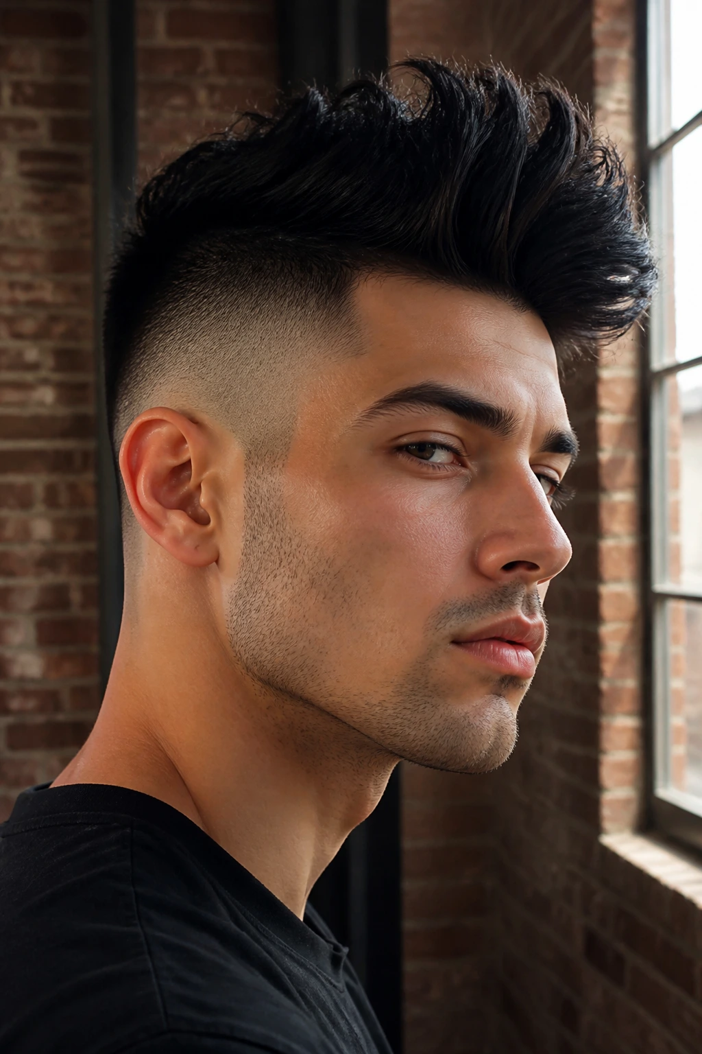 Portrait of a man with high-contrast fohawk: long top, short sides