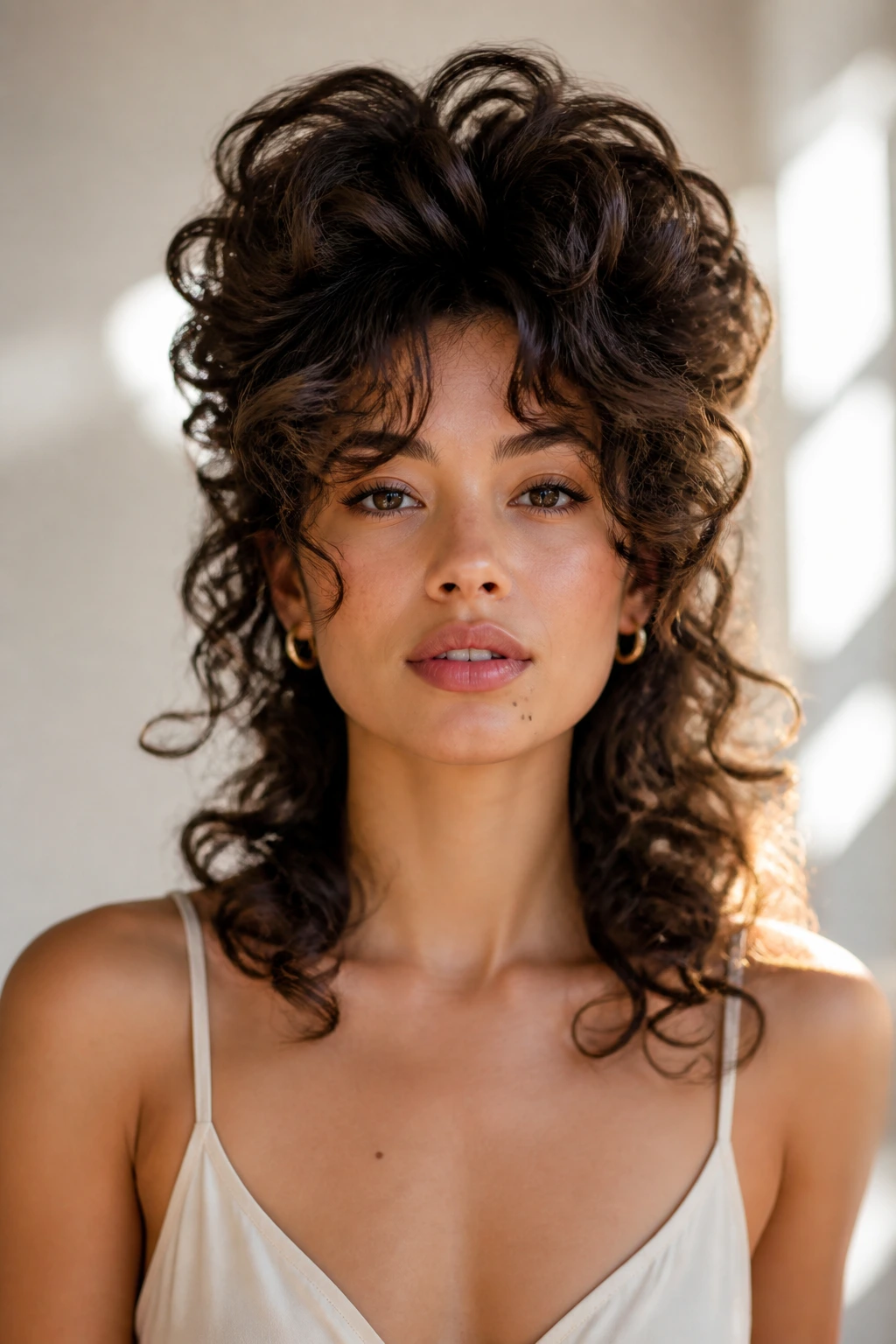 Portrait of a woman with a dramatic high crown of curls
