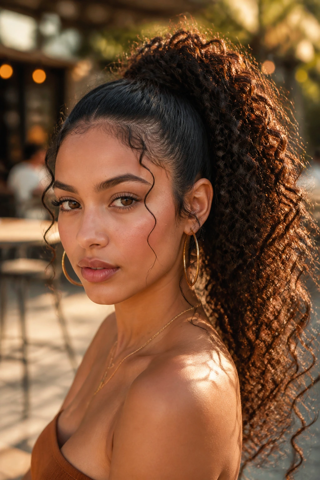 Close-up of a Latina woman with a defined spiral high ponytail