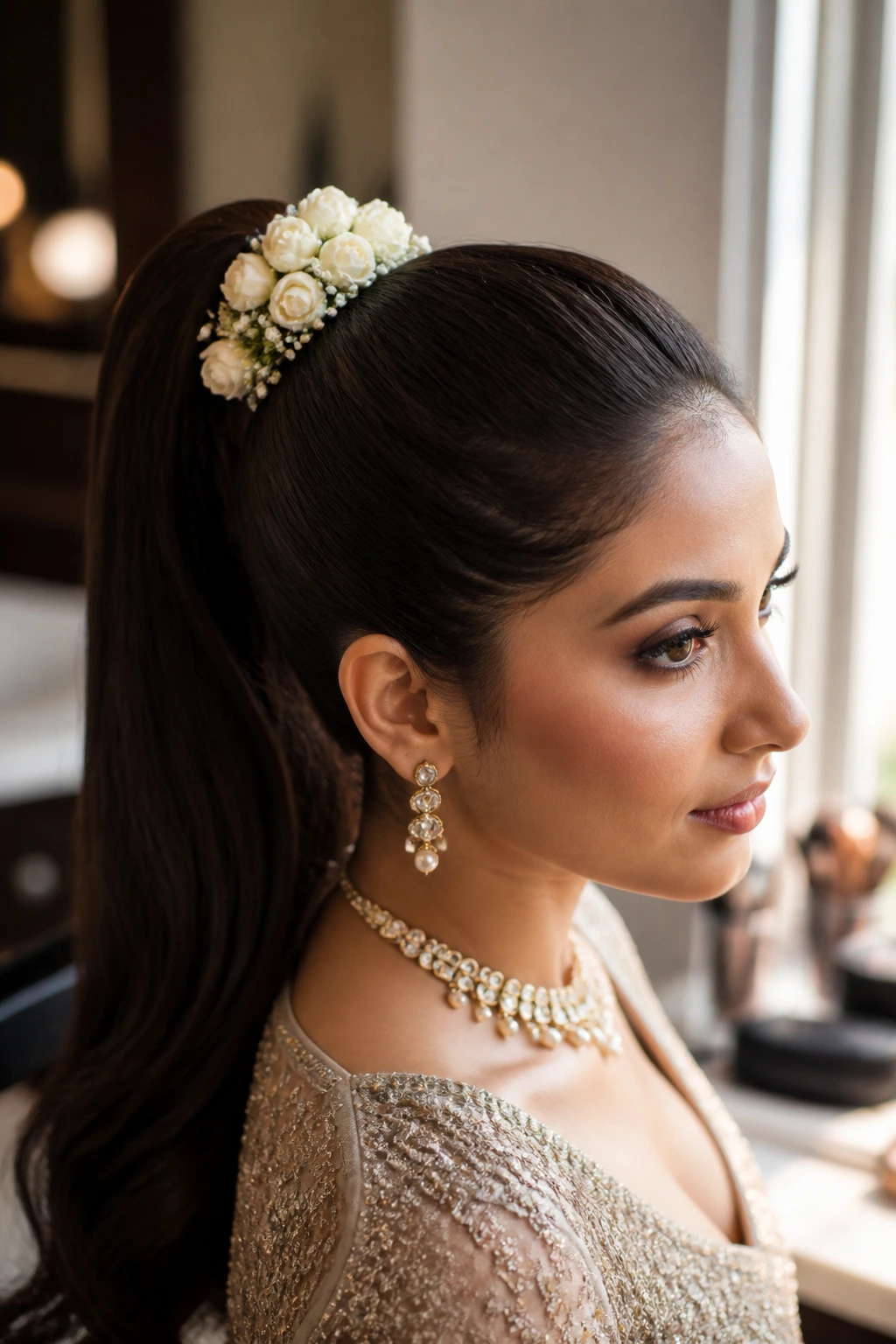 Woman with a sleek high ponytail adorned with floral embellishments