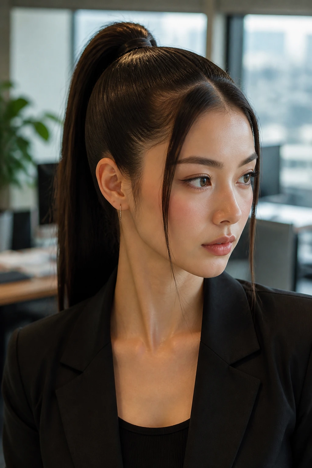 Close-up of a woman with a sleek high pony and face-framing tendrils in a contemporary workspace
