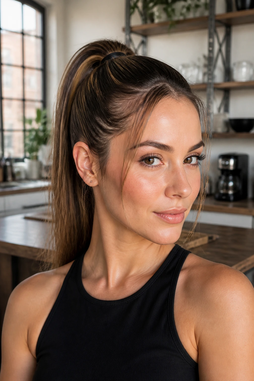 Portrait of a real person with a sleek high pony and wisps