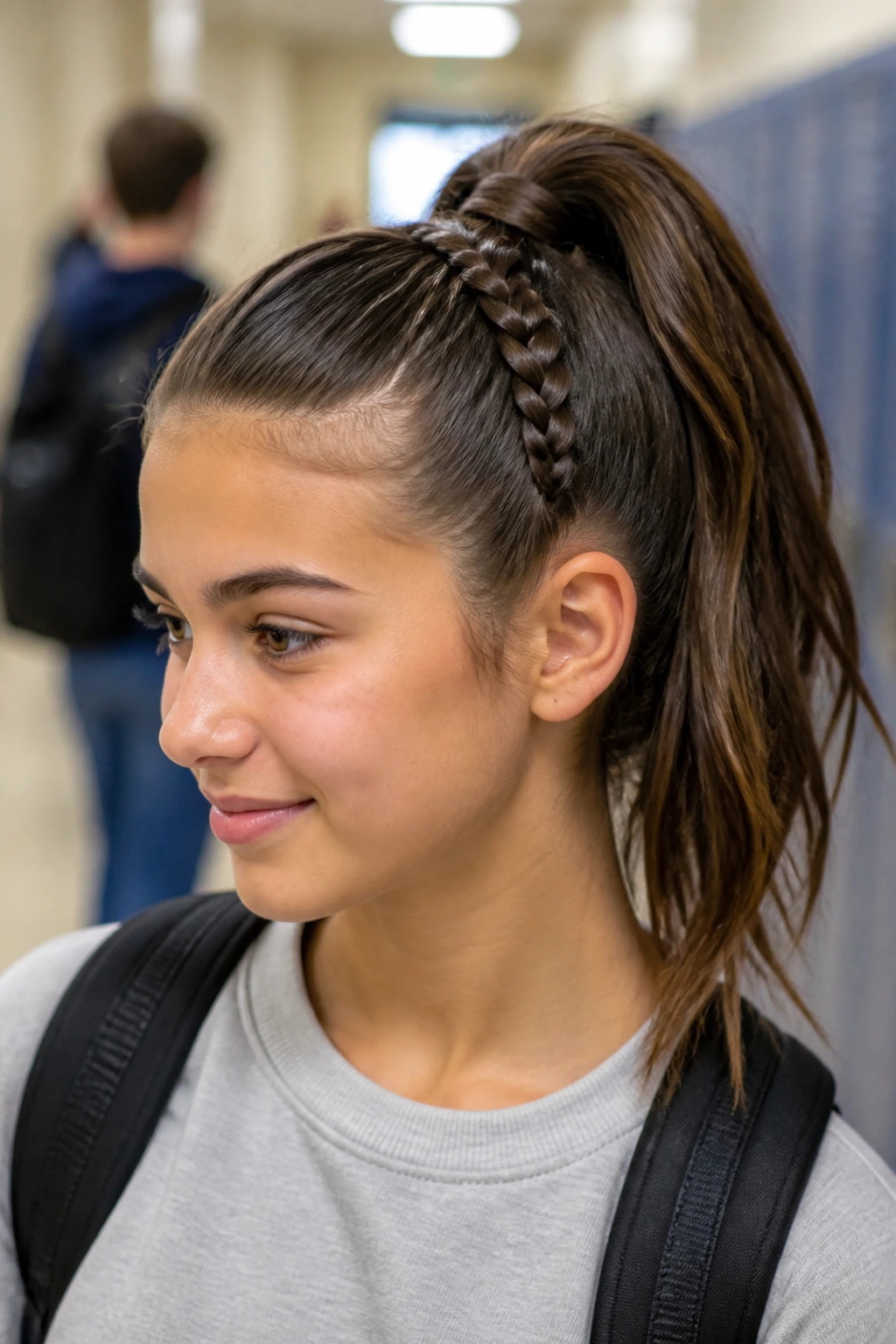 Close-up of a real student with a high ponytail and braided base, in a school hallway.