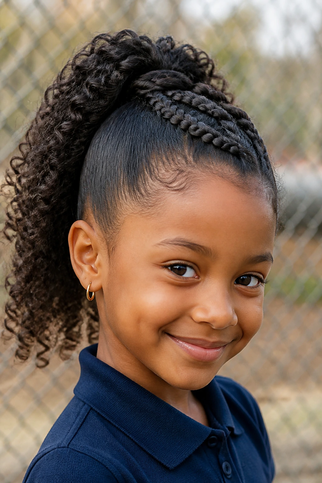 Close-up of a child with a high ponytail and braided base