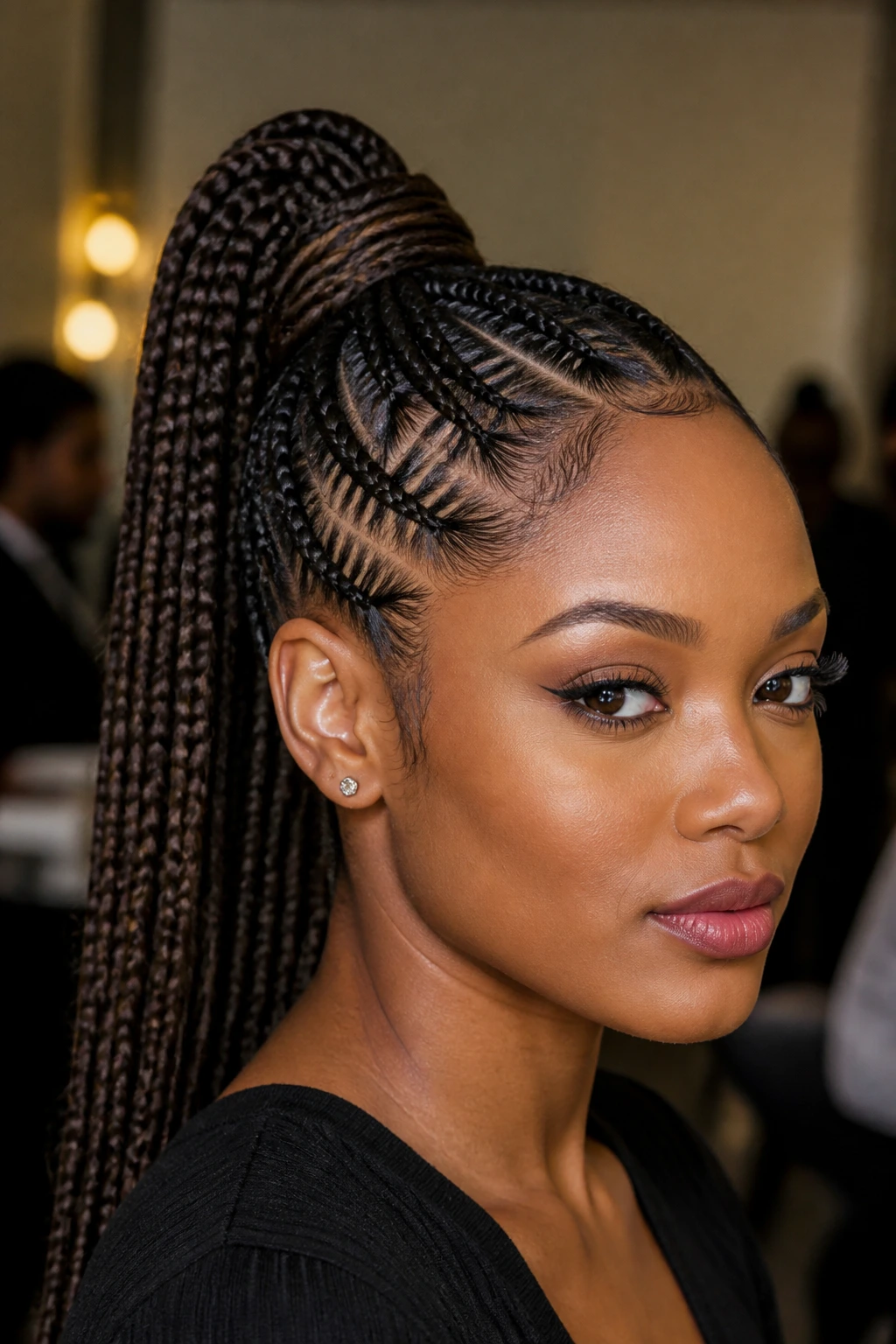 Close-up of a real woman with a high braided ponytail made of cornrows