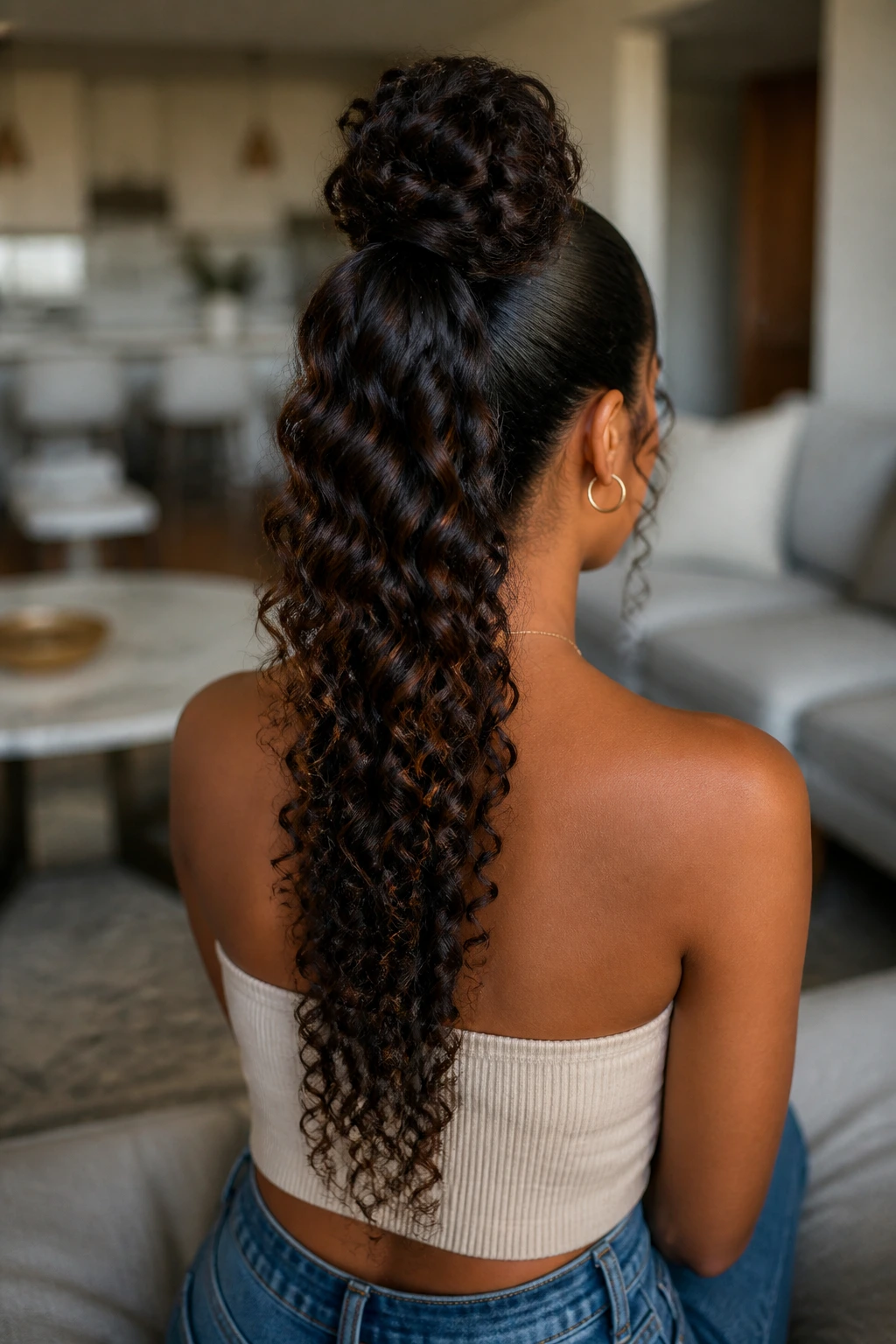 Back view of a real woman's head showing a high stacked ponytail with curled ends