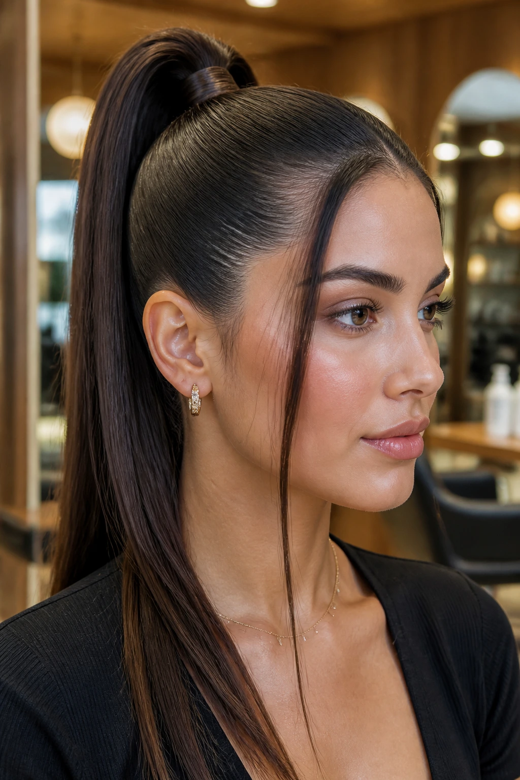 Close-up of a woman with a sleek high ponytail and face-framing pieces in a salon.