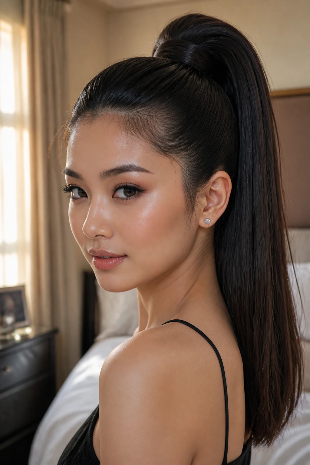 Close-up portrait of a real woman with a tall glossy high ponytail in warm bedroom light