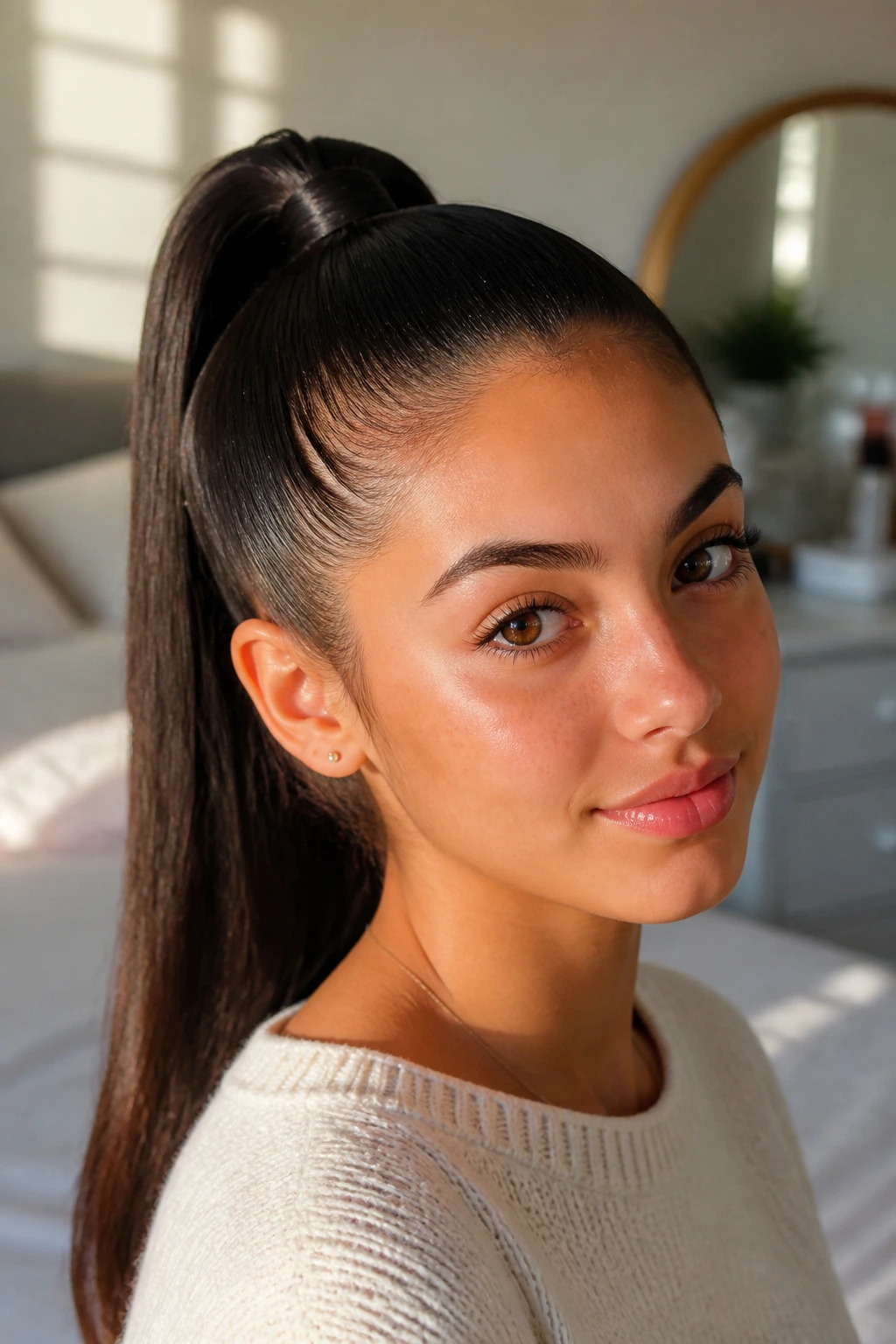Close-up of a real person with a sleek high ponytail under soft morning light