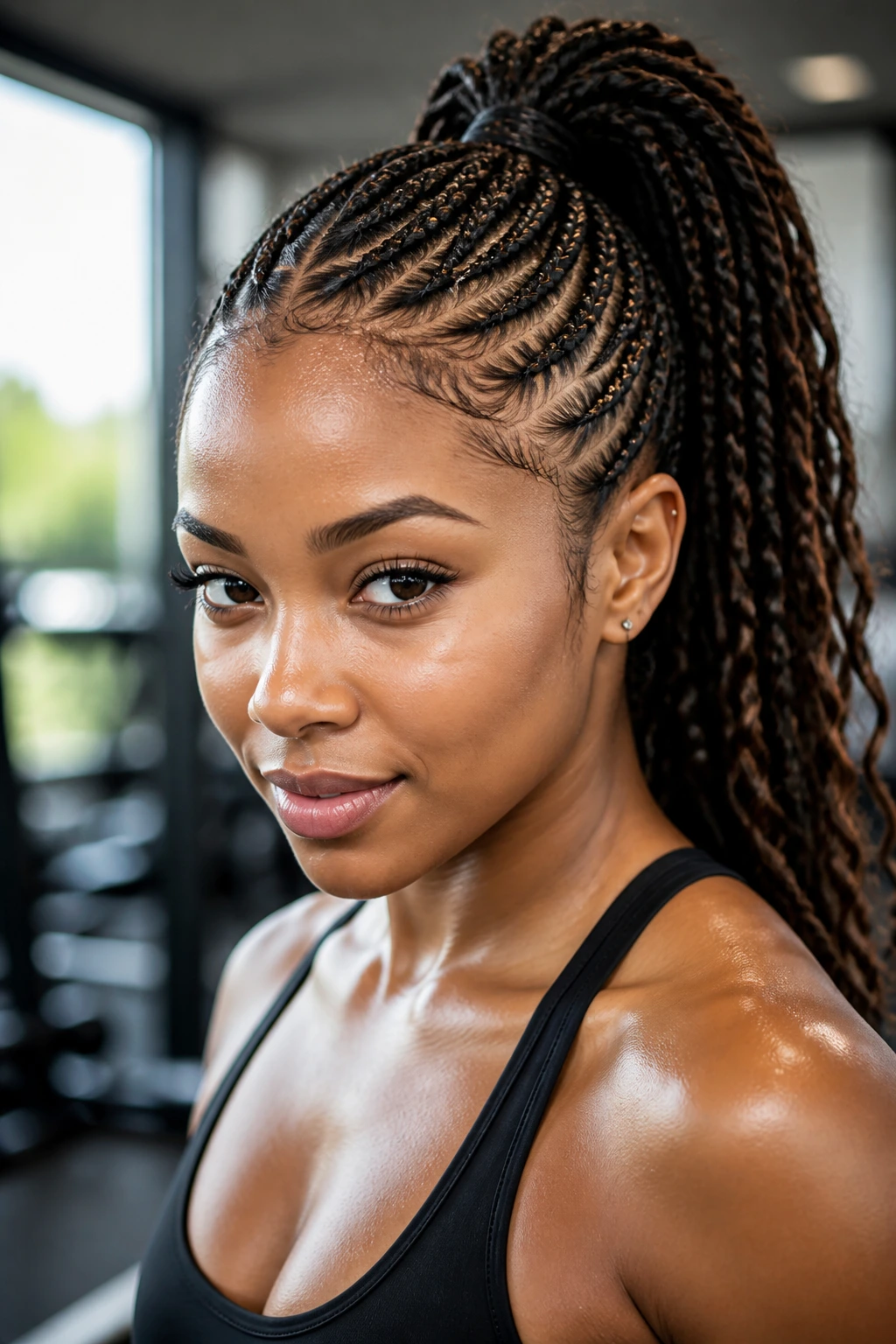 Close-up of high ponytail goddess base braids on a real person during workout