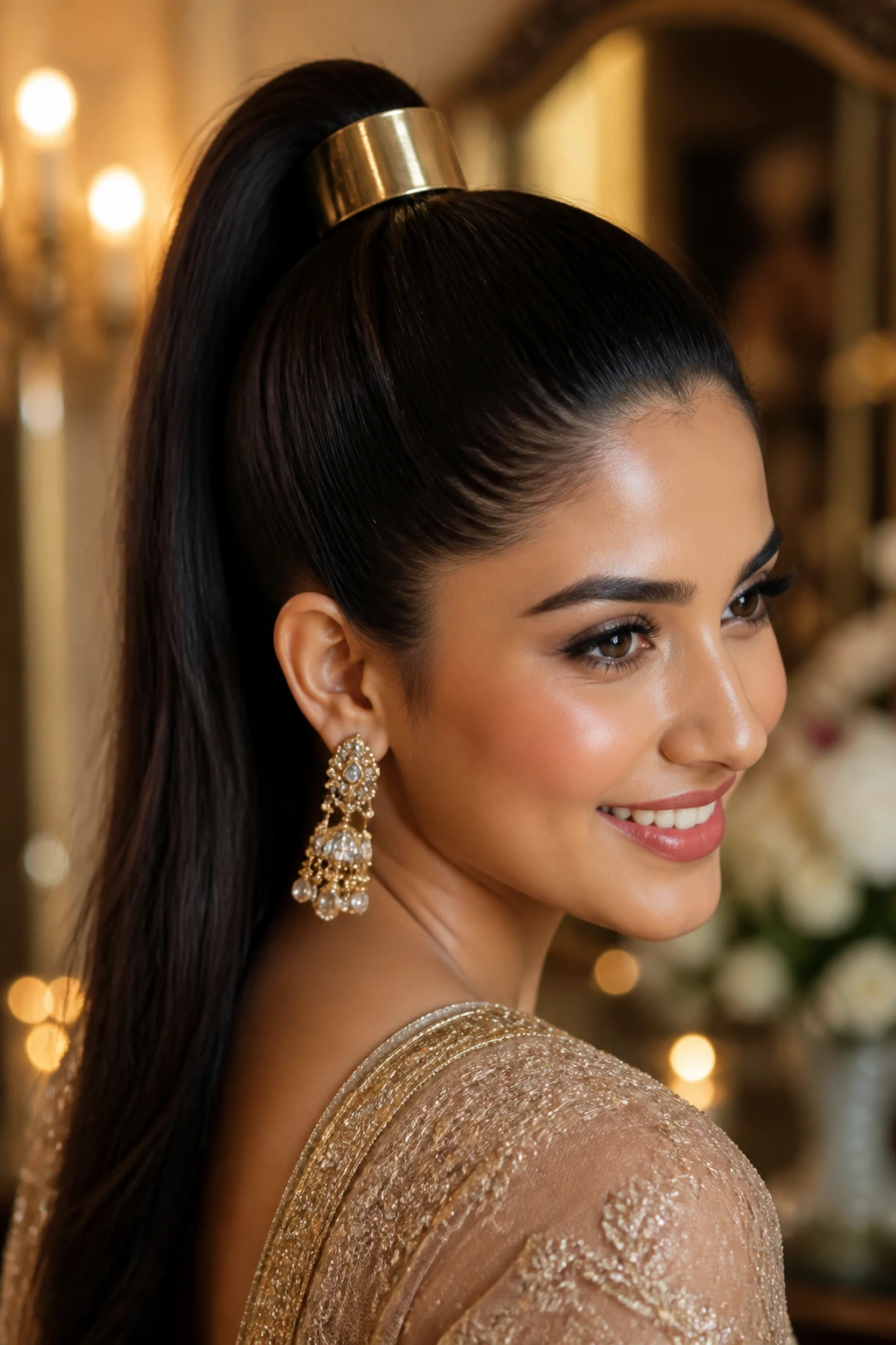 Real woman with a sleek high pony and decorative hair accessory.