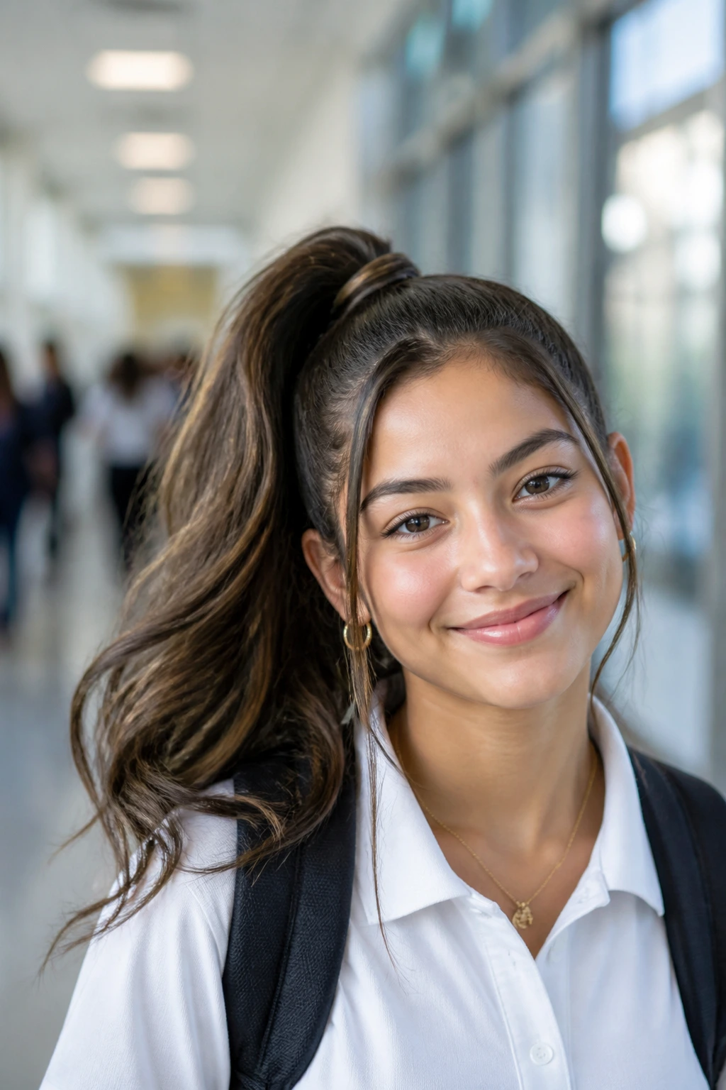 Close-up of a real student with a high, side-swept ponytail