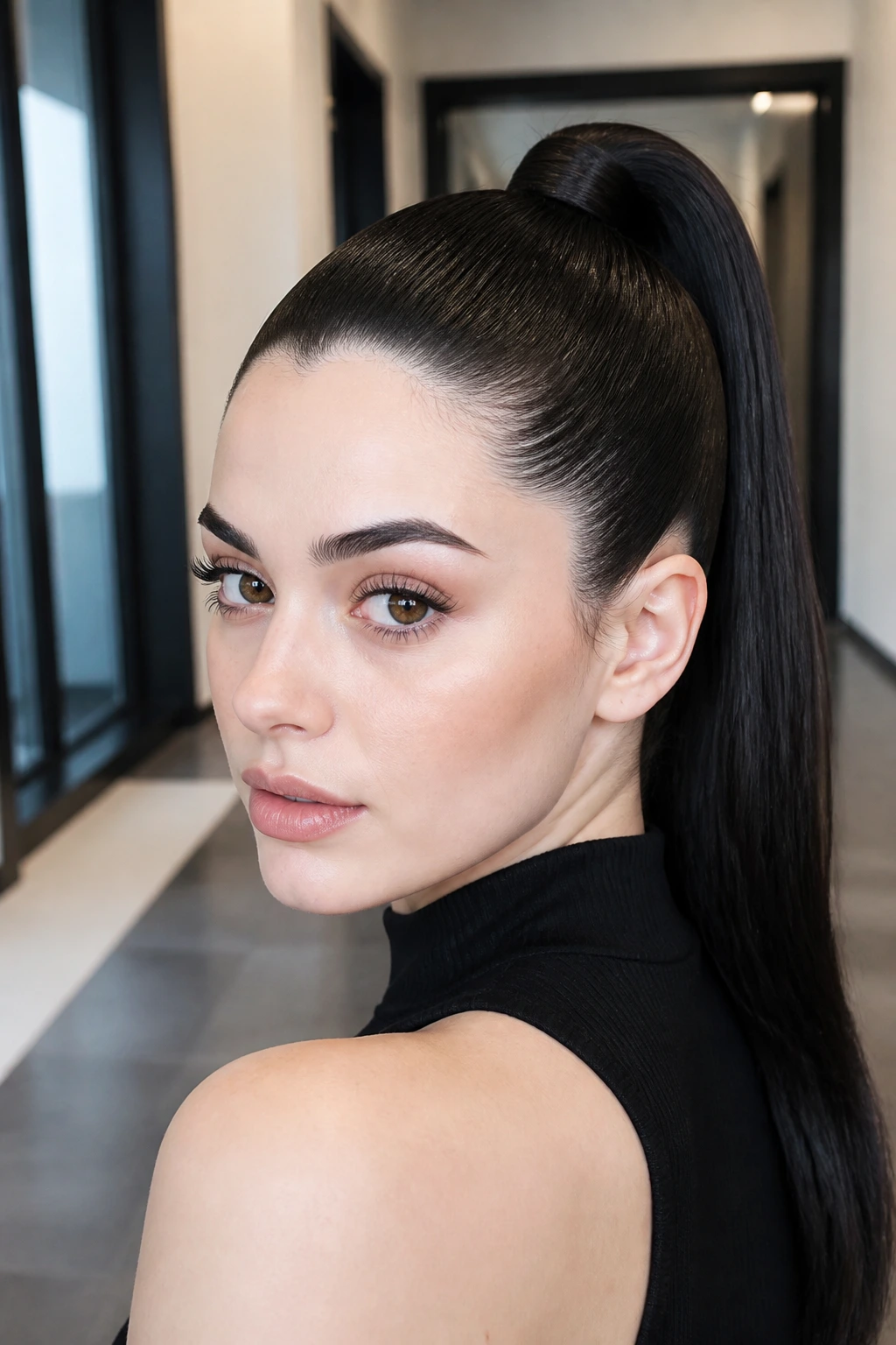Portrait of a real woman with a high sleek ponytail and pale skin in soft natural light.