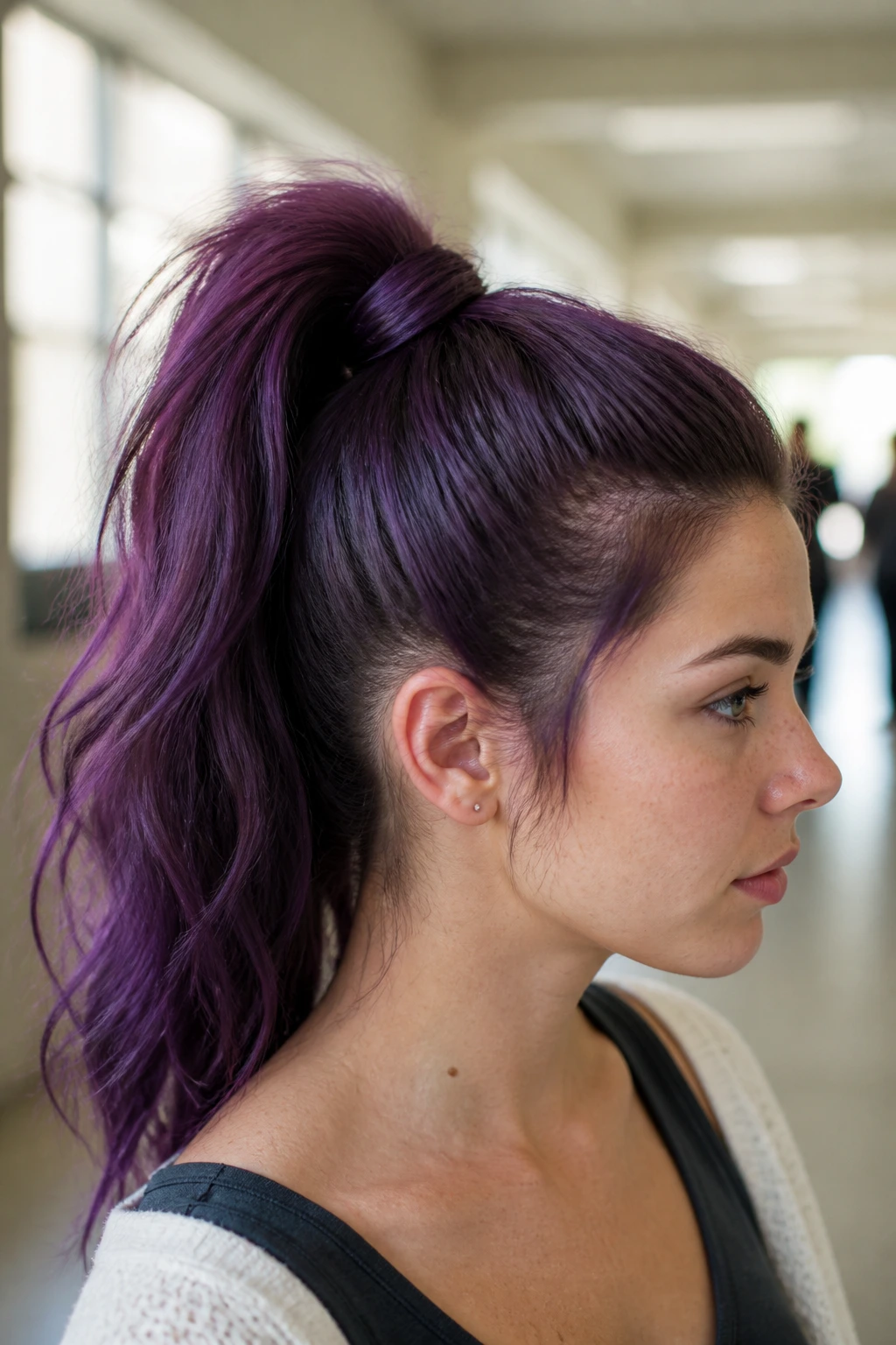 Close-up of a real woman with amethyst hair in a high ponytail with a wrap-around detail