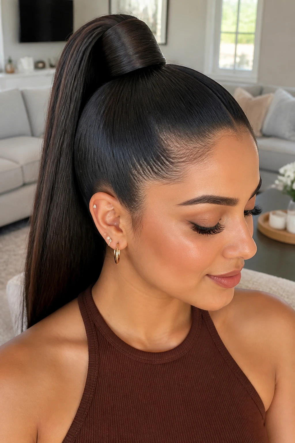 Latina woman with sleek high ponytail and wrapped base