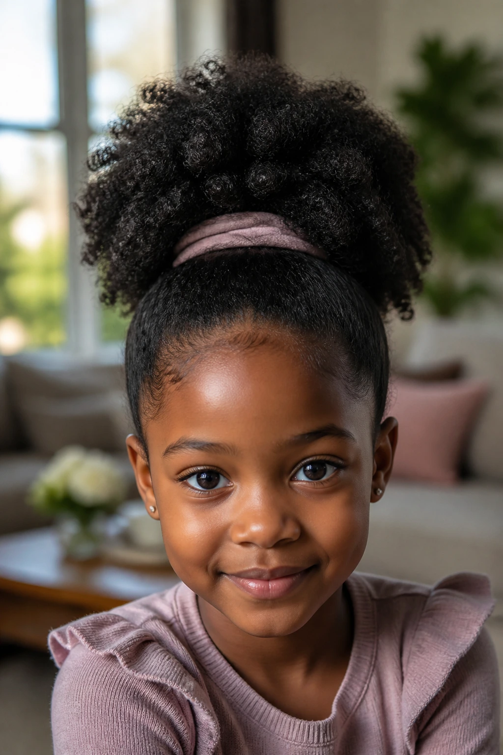 Close-up of a child with a classic high puff hairstyle in natural light
