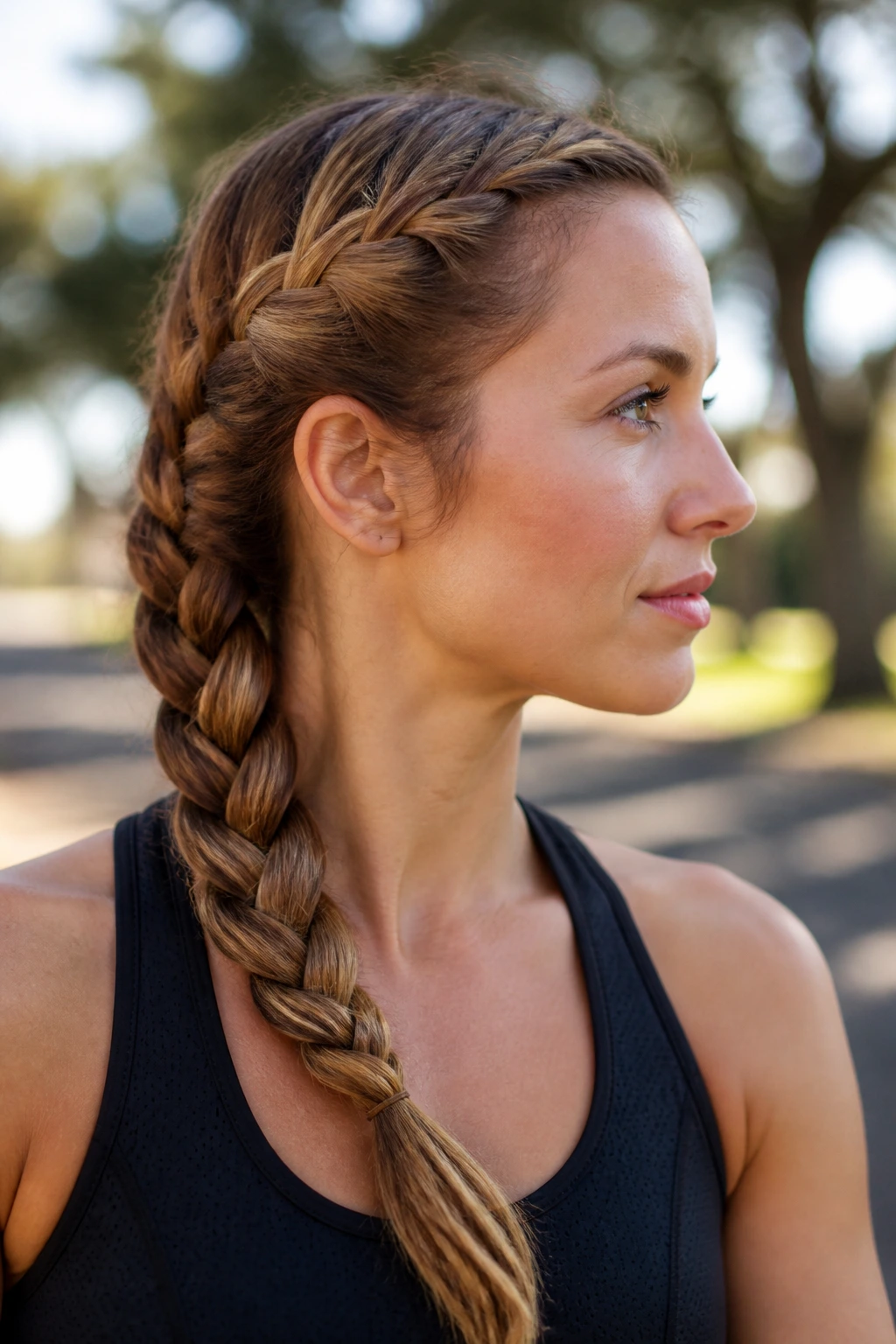 Side-profile of a real woman with a high side braid in a workout setting