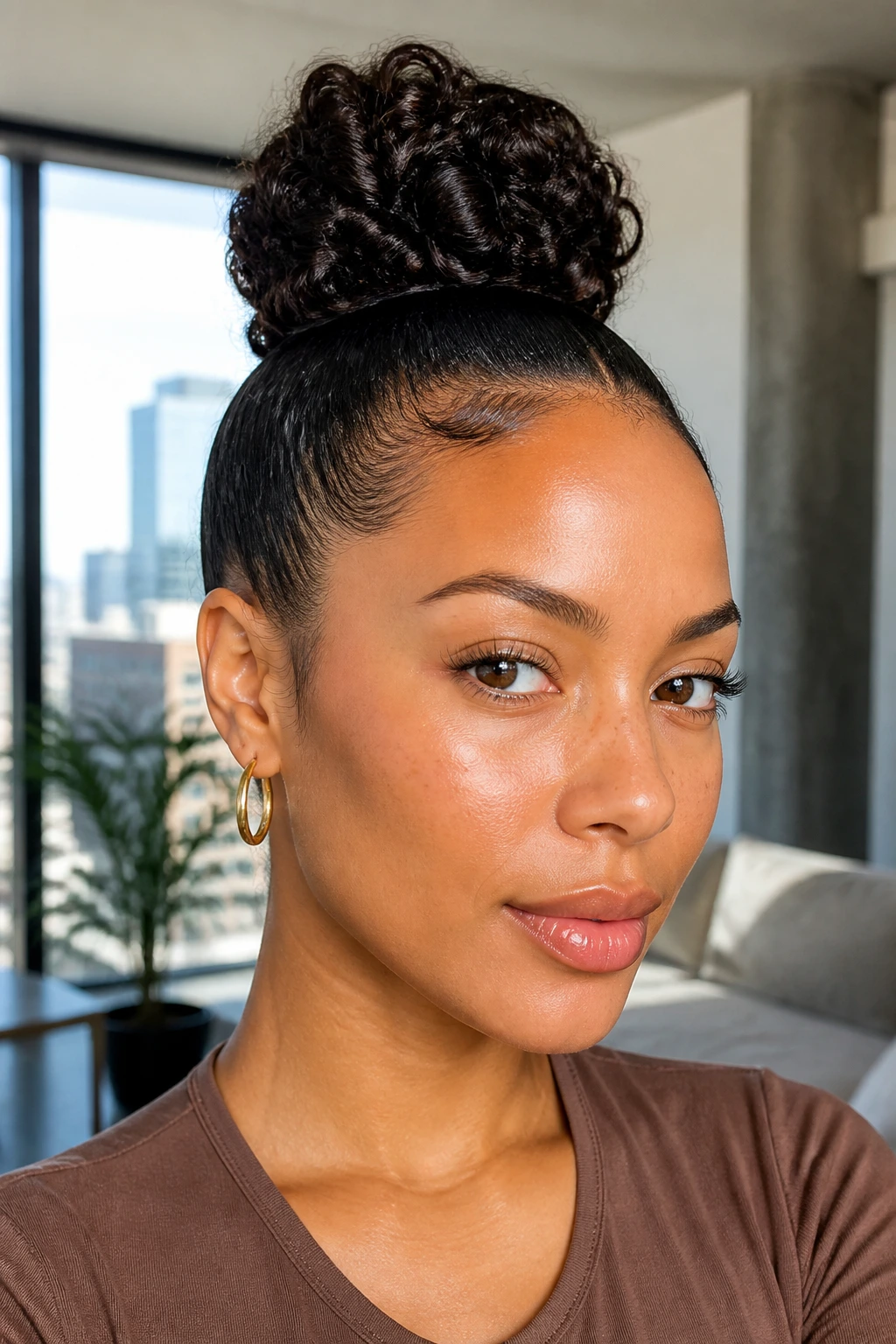 Close-up of a real woman with a high, sleek bun and smooth back hair.